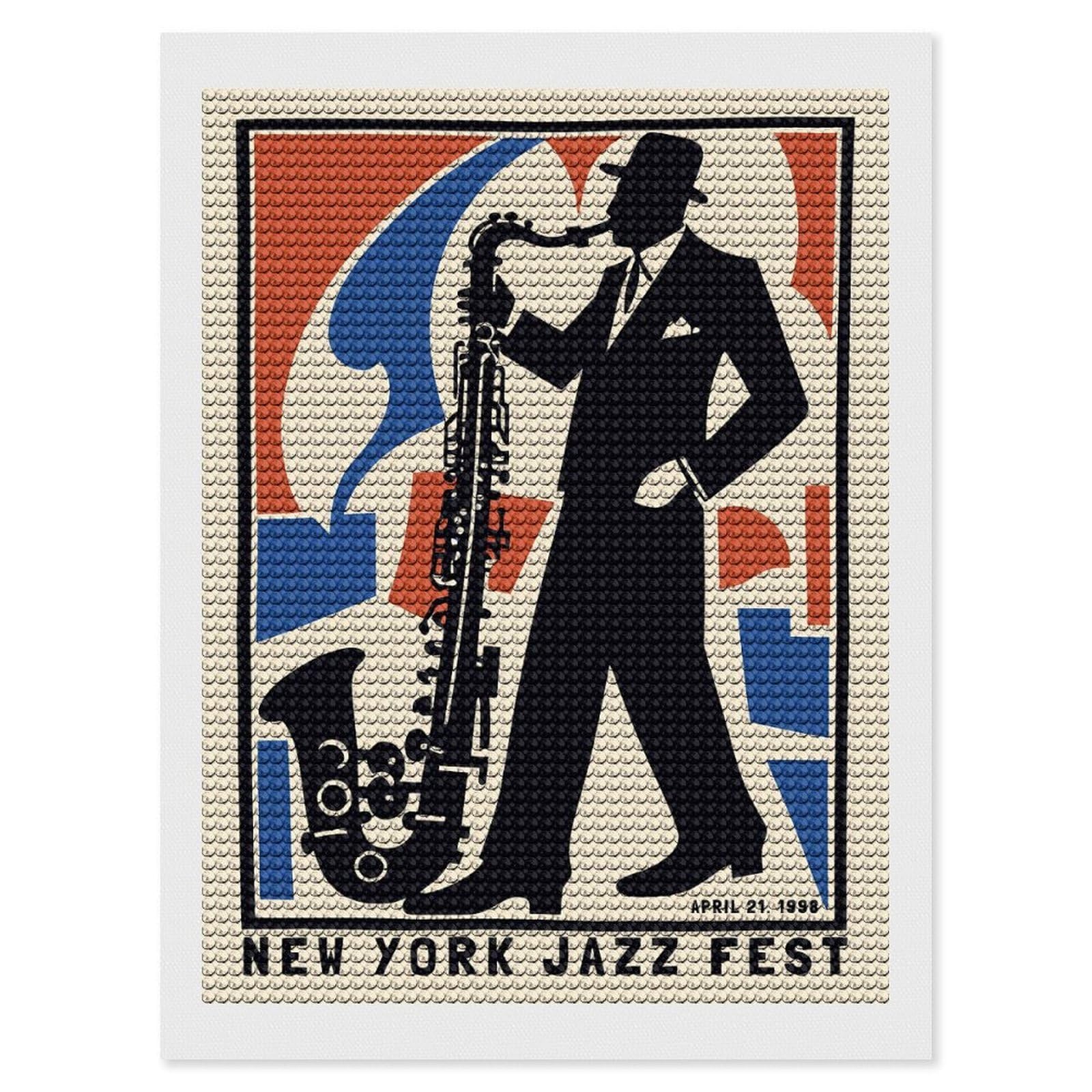 Junmoney New York Jazz Fest DIY Diamond Art Canvas Kit 12"x16", Adhesive Canvas, Easy to Enjoy, Farmhouse Decor, Festive Craft Gift