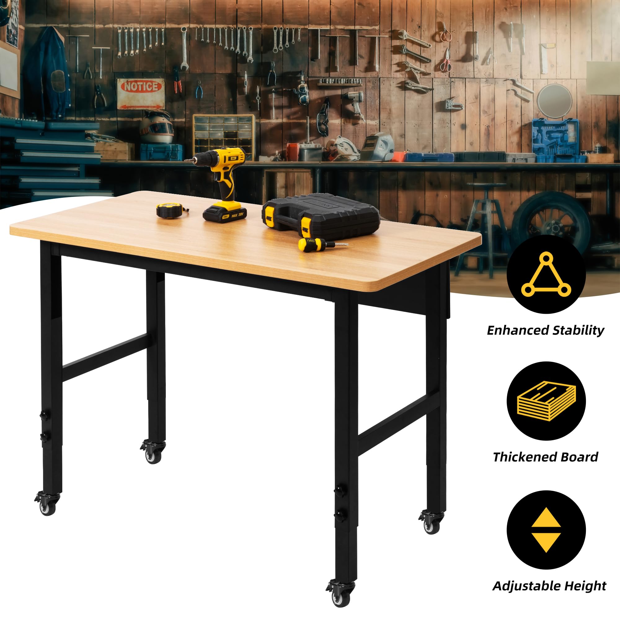 Banco de trabajo ajustable con ruedas, mesa de trabajo con ruedas para garaje, banco de trabajo de madera dura de gran capacidad, mesa de trabajo resistente para taller, oficina, garaje, hogar