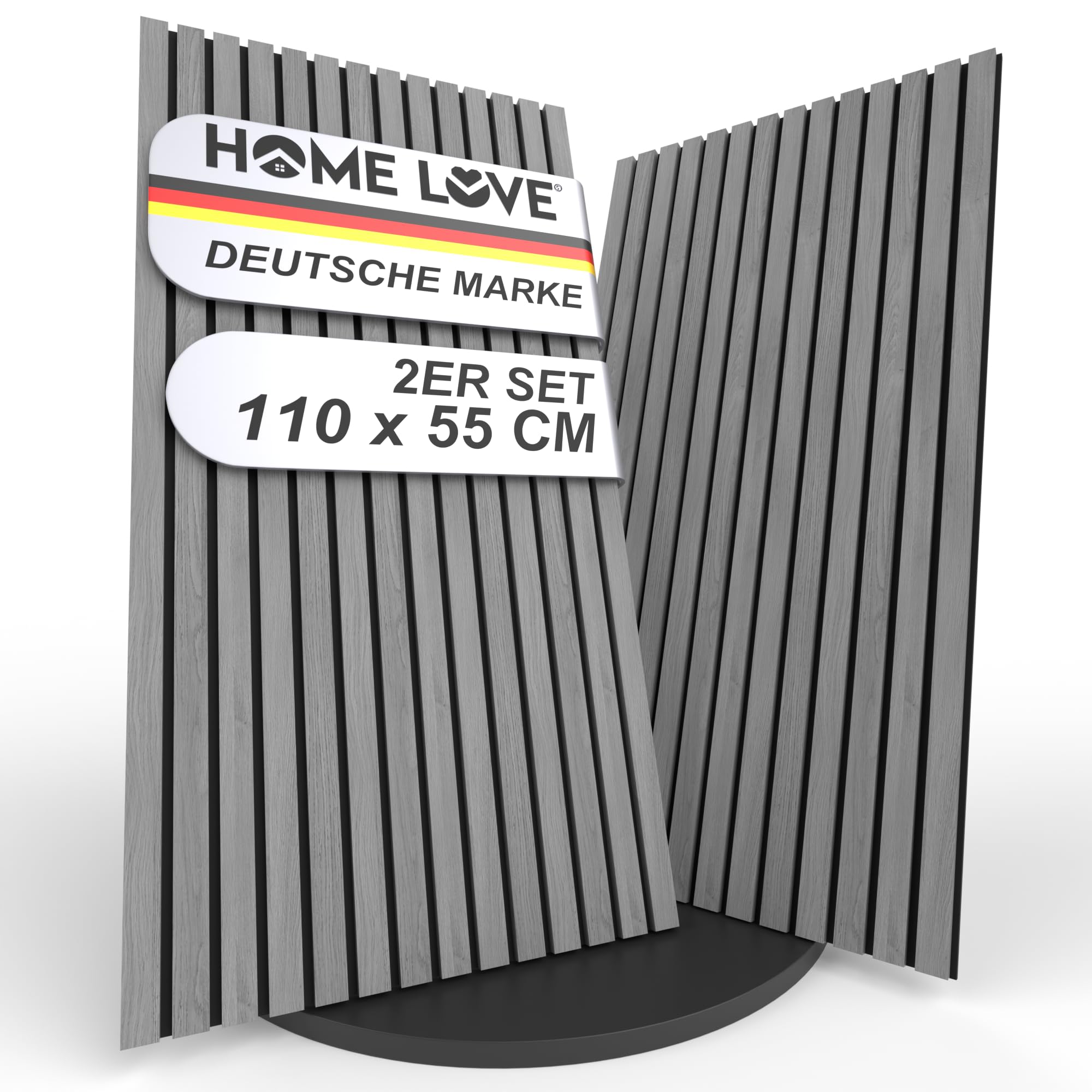 HOME LOVE Akustikpaneele Holz 2er Set 110x55 cm – Grau mit schwarzem Filz | Wandpaneele Holzoptik 3D | Akustik Paneele Grau | Holzpaneele Wand | Wandverkleidung Innen