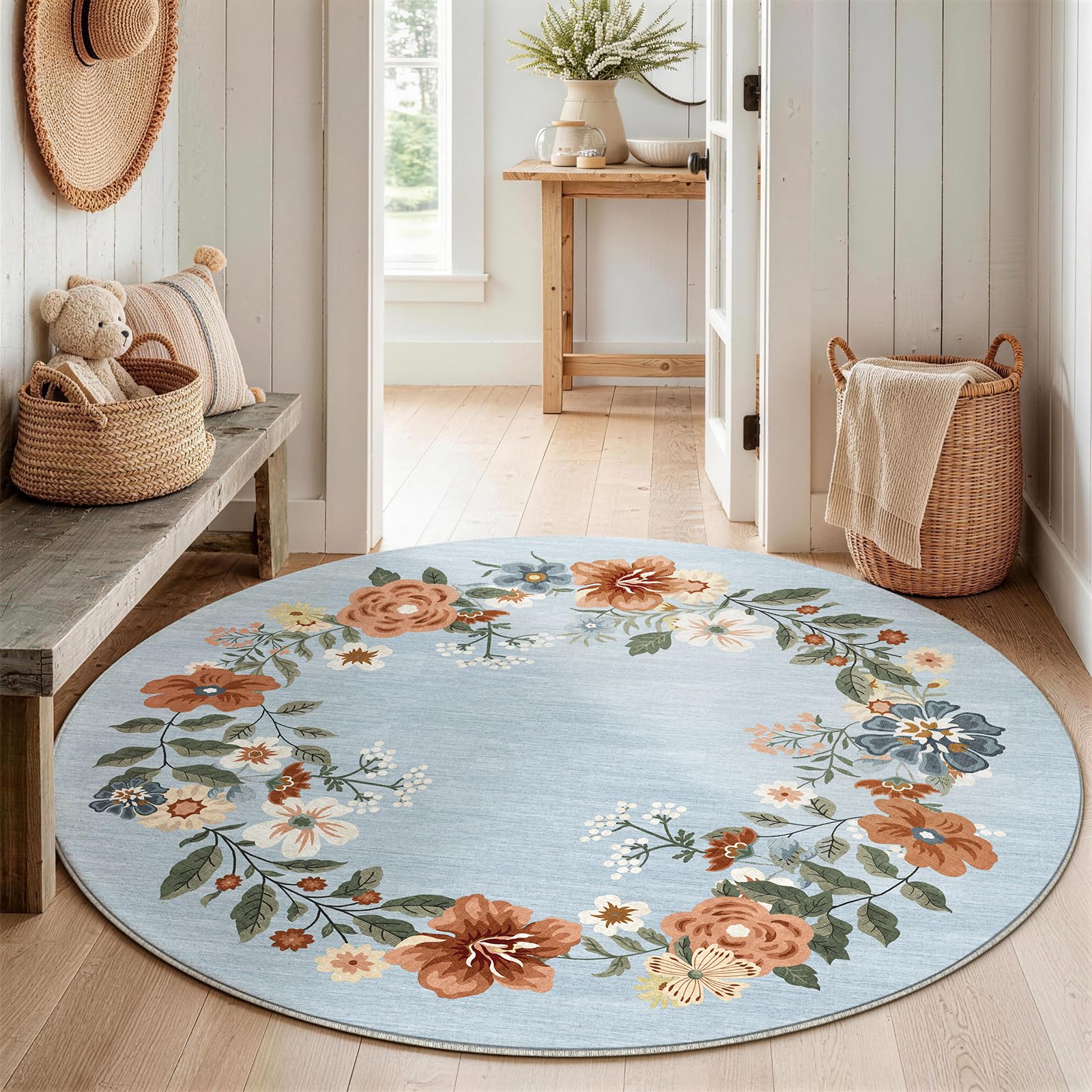 SOANNY Round Rug Living Room, Washable Non Slip Carpet, 160cm Dusty Blue โ image 1