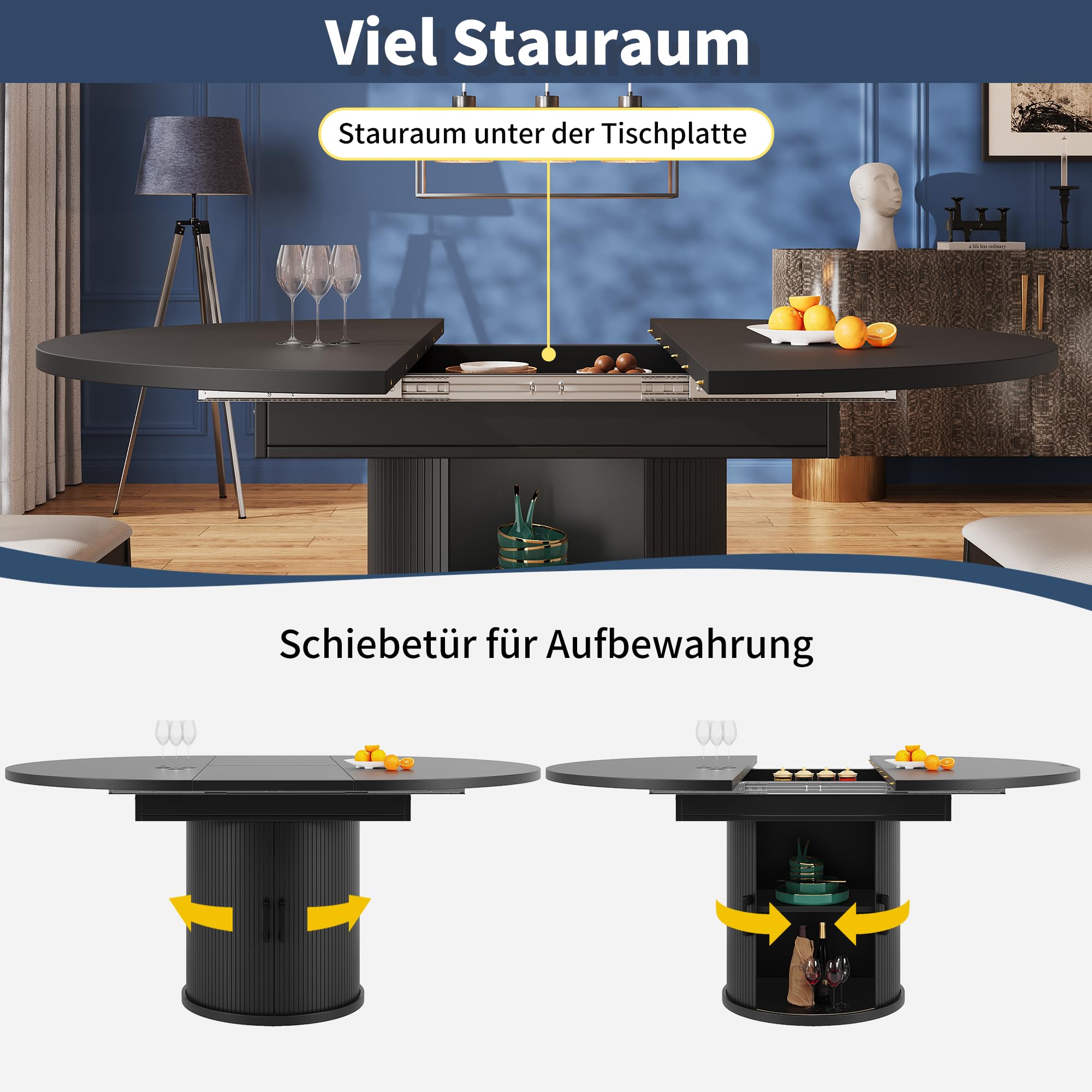 Esstisch ausziehbar, Esszimmertisch, Küchentisch, balkontisch, ausziehbare Tischplatte Runder Esstisch, ausziehbar zu oval, Platz für bis zu 6 Personen (Schwarz, 158 * 118 * 76.8cm)