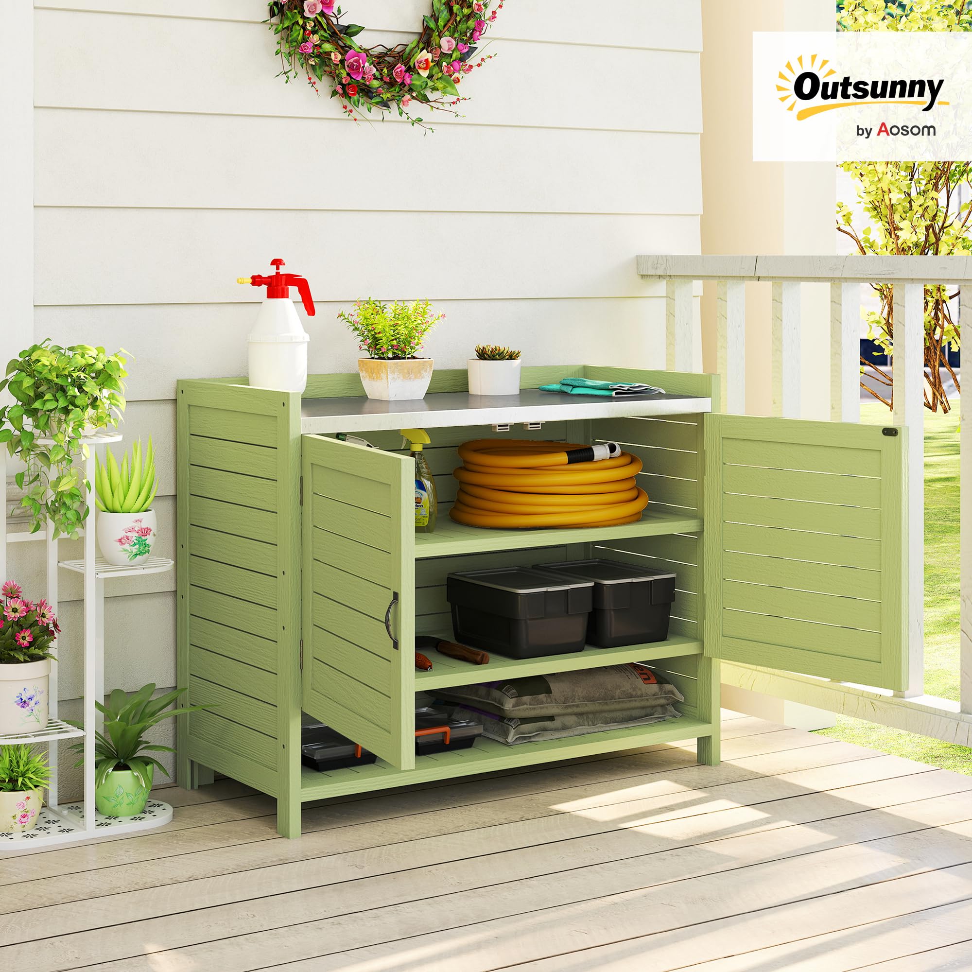 Outsunny Pflanztisch mit Unterschrank aus Holz Outdoor Gartenschrank mit verzinkter Arbeitsplatte 3 Regalböden Doppeltüren wetterfest Gärtnertisch für Garten Balkon Terrasse 88 x 40 x 70,5 cm, Grün