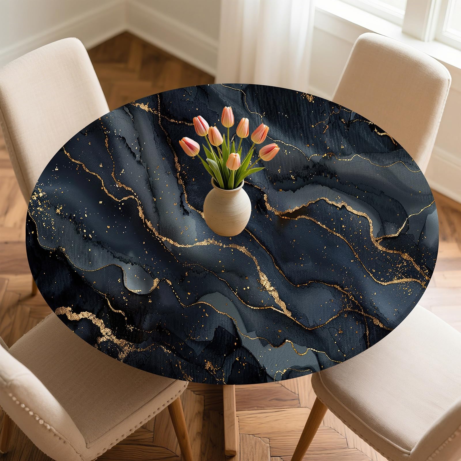 Odot Round Tablecloth Wipe Clean 60-160cm, 3D Black Marble Round Outdoor Table Cover Fitted Elastic Edged Washable Circle Table Cloth Protector Decorative for Kitchen Dining Room (Black,90cm)