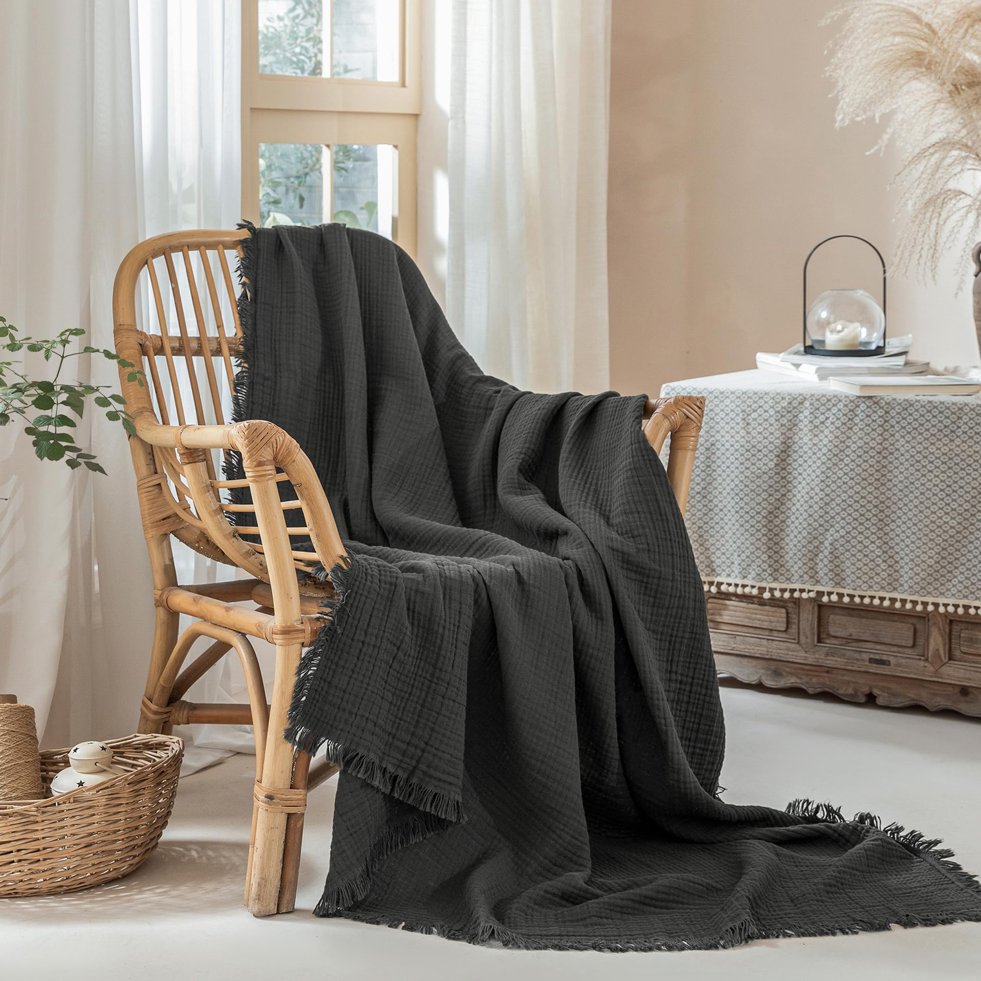 Muslin Fringe Blankets for Adults: 100% Cotton Cloud Soft Twin XL