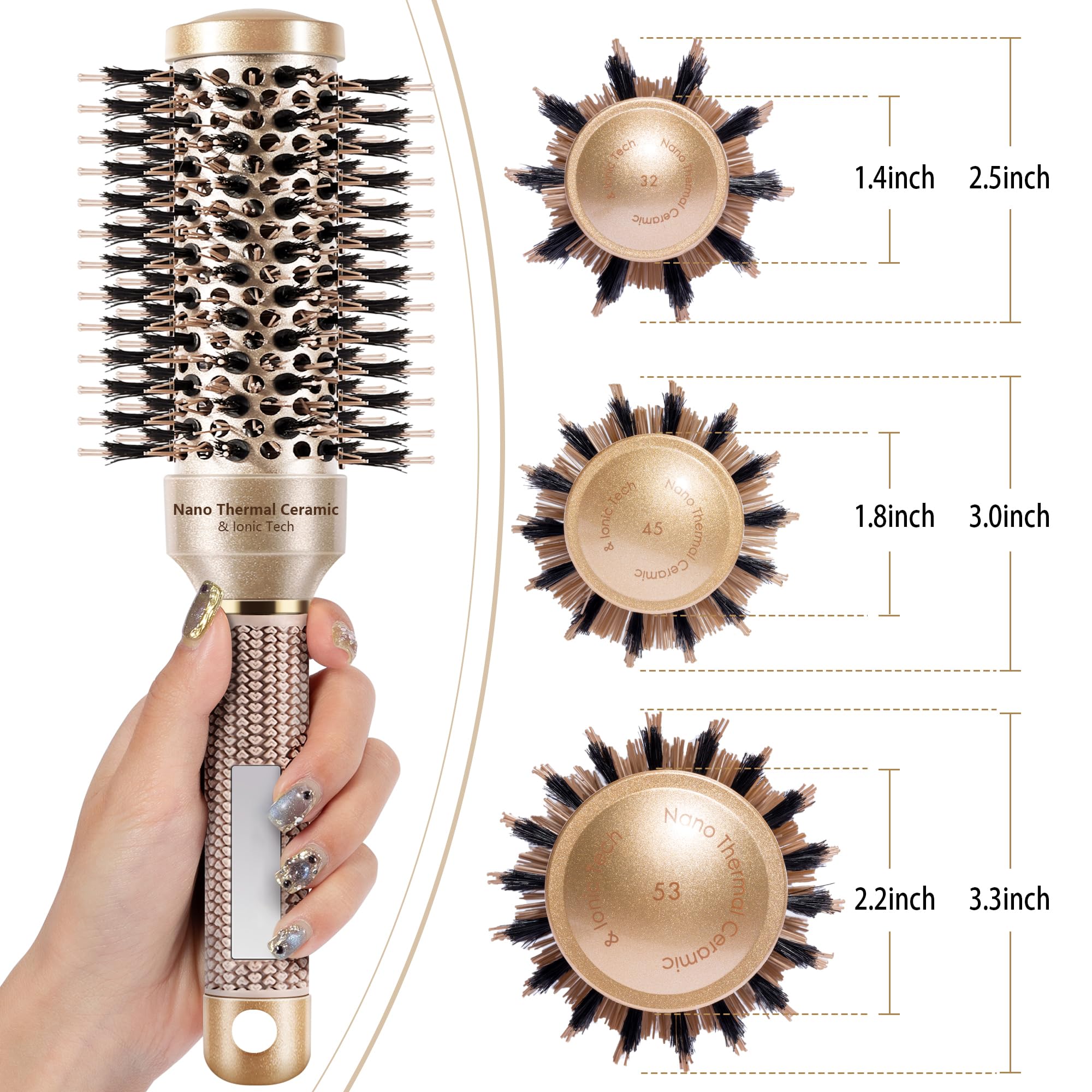 Cepillo de pelo redondo para soplar, cerámica nano térmica y tecnología iónica, barril de 1.3 pulgadas, cerdas de jabalí, cepillo de rodillo para secado y peinado, incluye 4 clips gratis, dorado