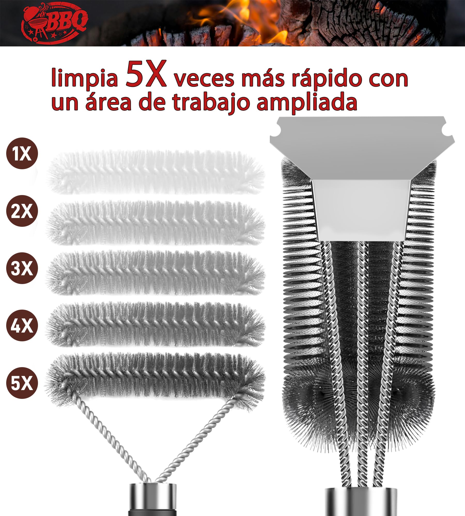 Cepillo de Barbacoa 3 en 1 con Cerdas de Alambre de Acero Inoxidable para Carbón Vegetal y Parrilla Eléctrica al Aire Libre - Jardín, Camping - Cepillo de Limpieza para BBQ