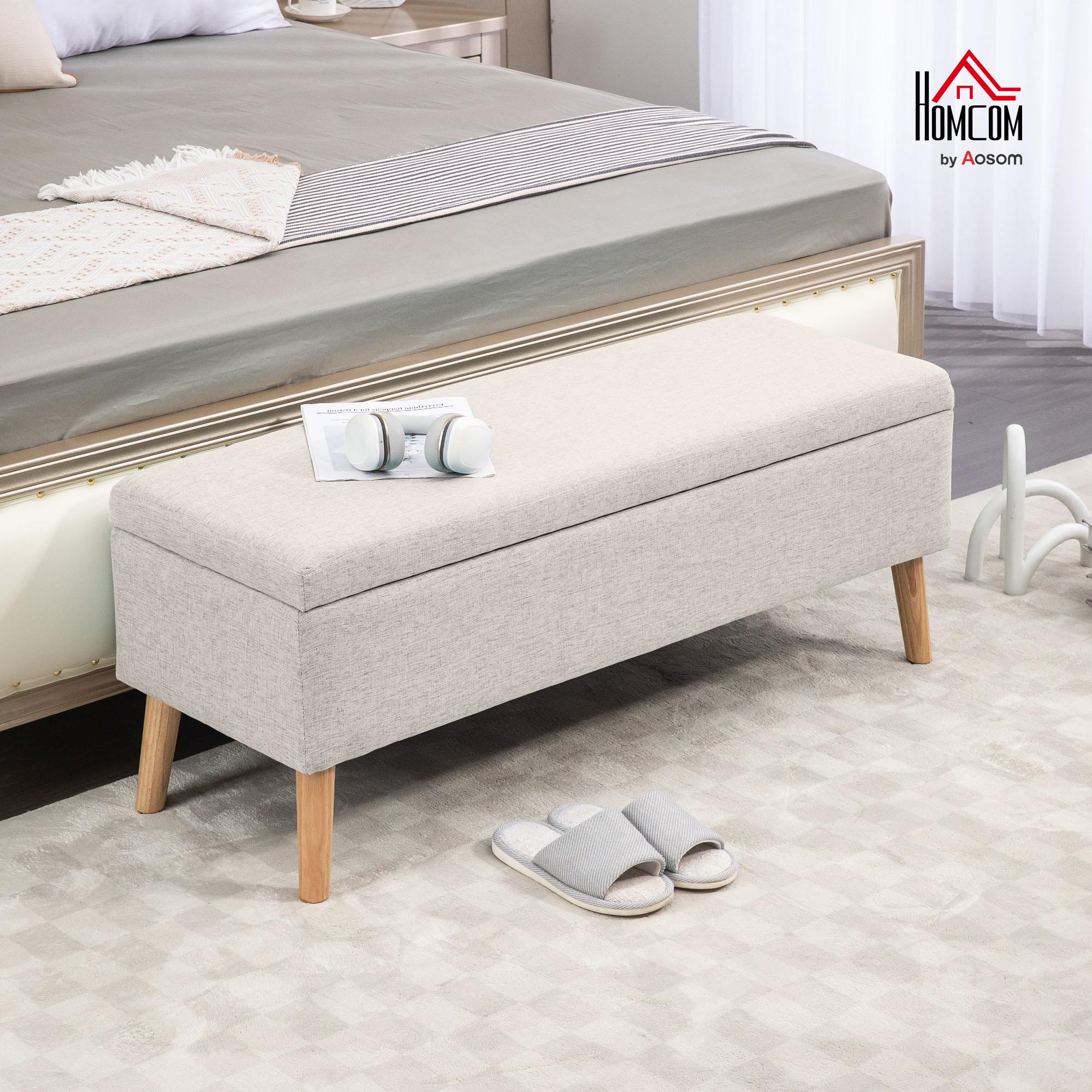 HOMCOM Banc Coffre Rangement Rembourré 110 x 39 x 45 cm Beige | Banc de Lit, Aspect Lin, pour Chambre à Coucher, Salon, Entrée, Charge 220 Kg