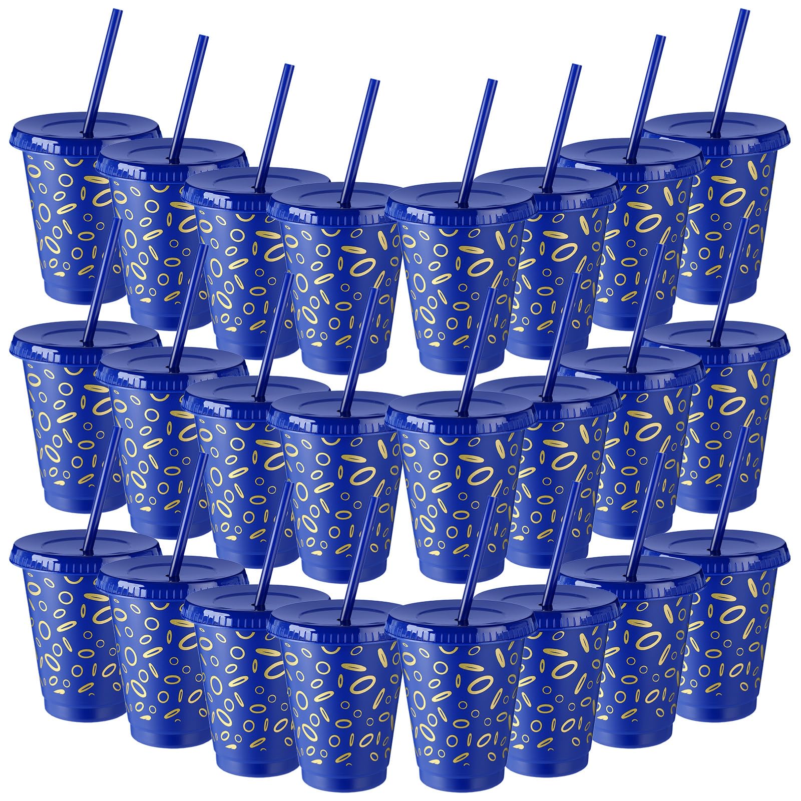 Jingmore 24 Pcs Blue and Golden Rings Plastic Cups for Birthday Party Decoration Cartoon Video Game Theme 16 oz Tumblers with Lid and Straw