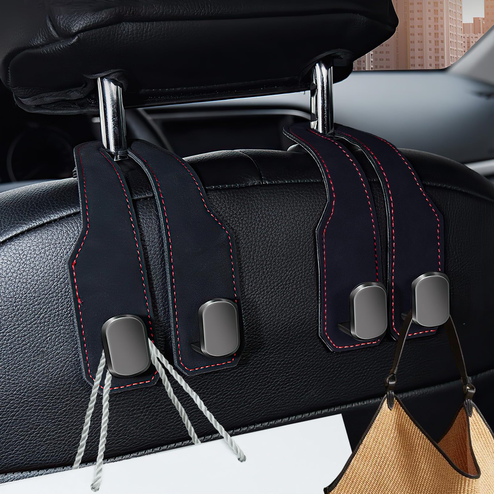 4 Ganci Per Sedile Auto In Pelle - Portaborse E Ombrelli Pieghevoli - Organizer Per Schienale Auto - Nero - 4
