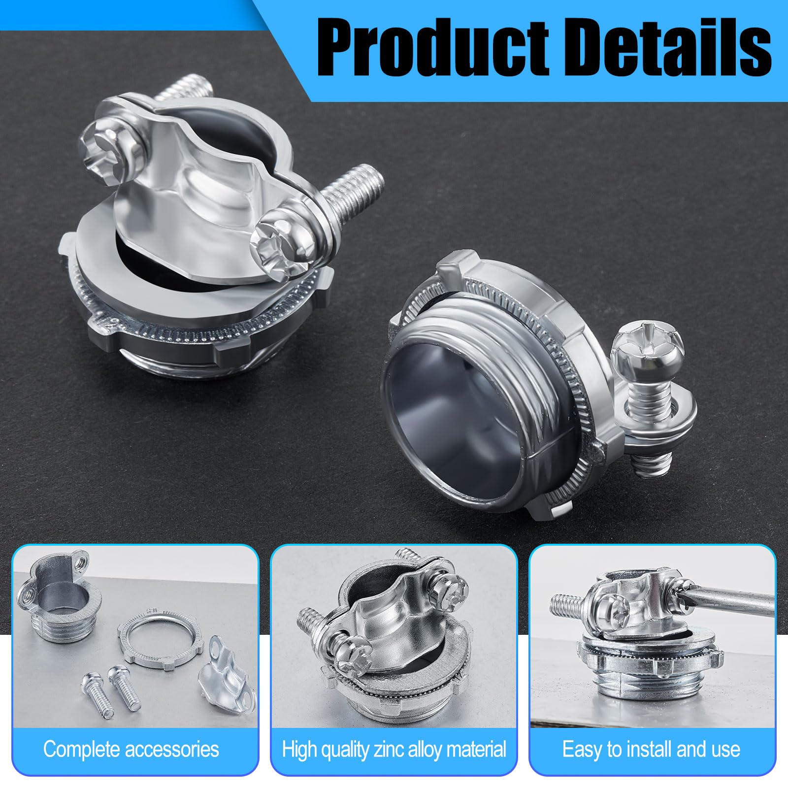 Blulu 50 connettori per cavi, a morsetto, per cavi elettrici, metallici, per proteggere i cavi, in zinco argentato (1/2", 1/2")