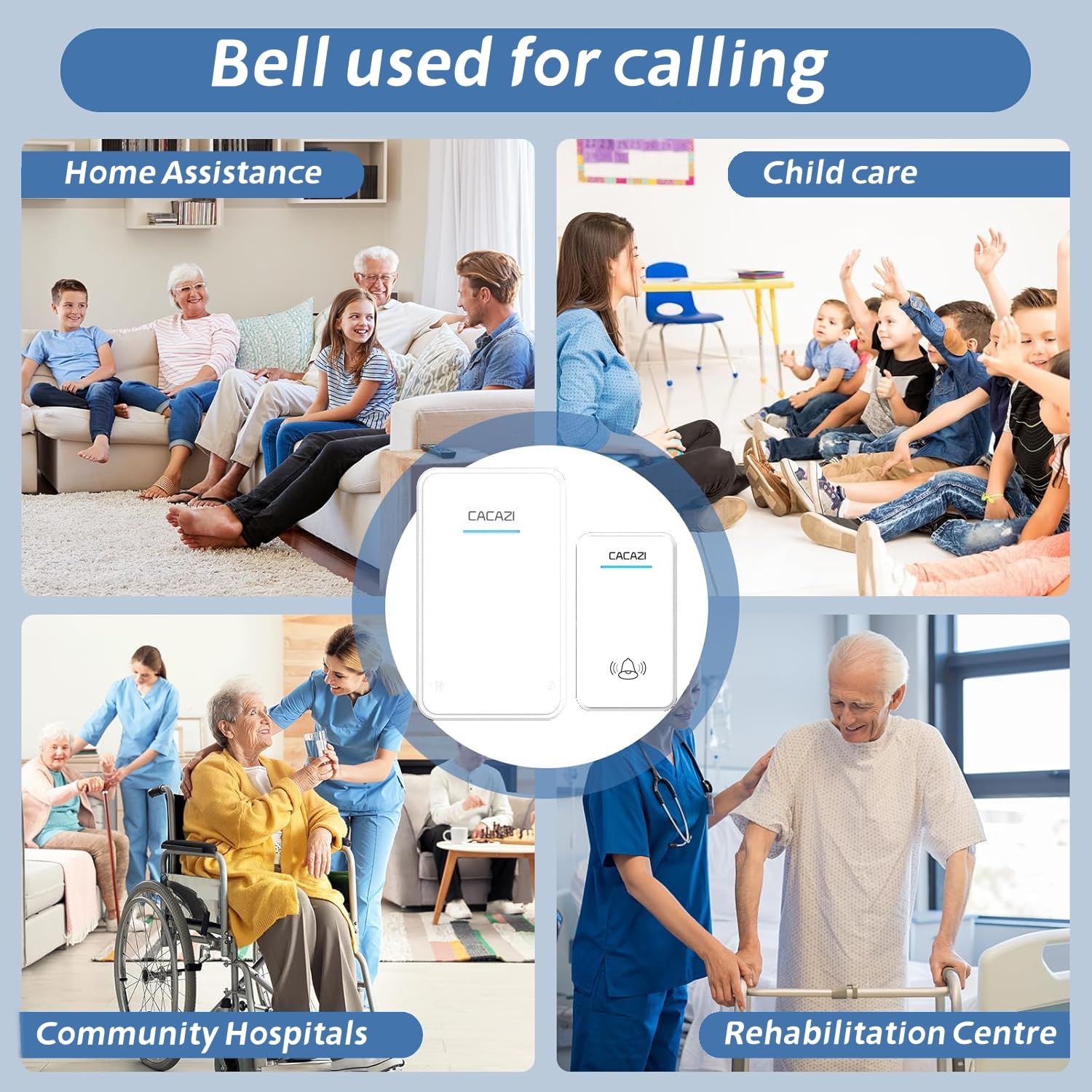 Campanello Senza Fili da Esterno Impermeabile IP68, Portata 300M, Wireless Doorbell Plug-in, con 2 Pulsanti Remoti, 48 Suonerie, 6 Volume Regolabile, Indicatore LED Lampeggiante,Bianca