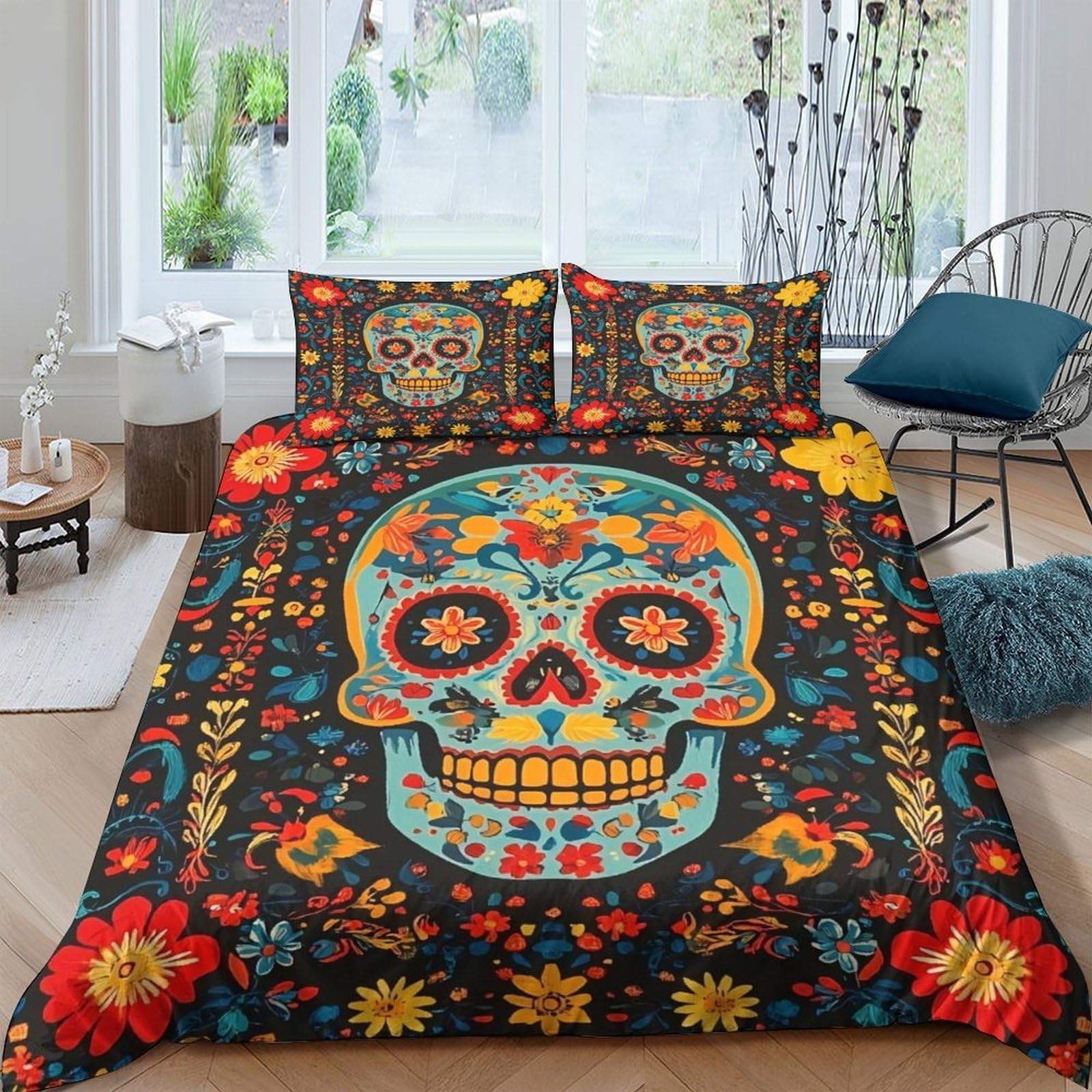 Ctjqhvkz Style-3 3D Printed Sugar Skull Fitted Sheet Microfiber Soft Colorful Floral Skeleton Bed Cover For Bedroom Dorm Decor Single（135X200cm）