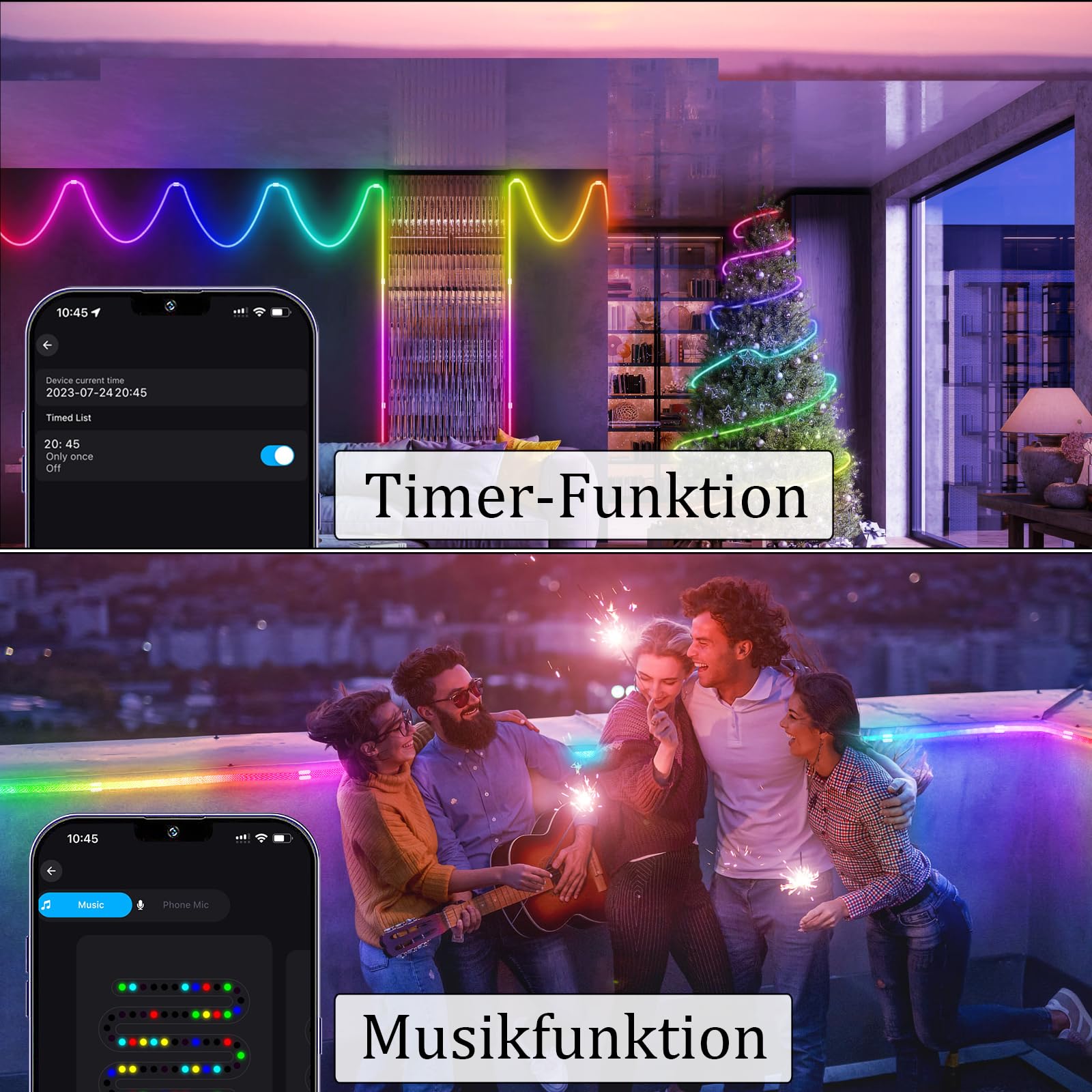 Tira LED de neón USB RGB+IC, 5 m, Bluetooth Neon LED Strip RGBIC regulable banda LED exterior IP65 resistente al agua, 50 LED/M, control por aplicación, iluminación de 360°, tira LED para exterior e