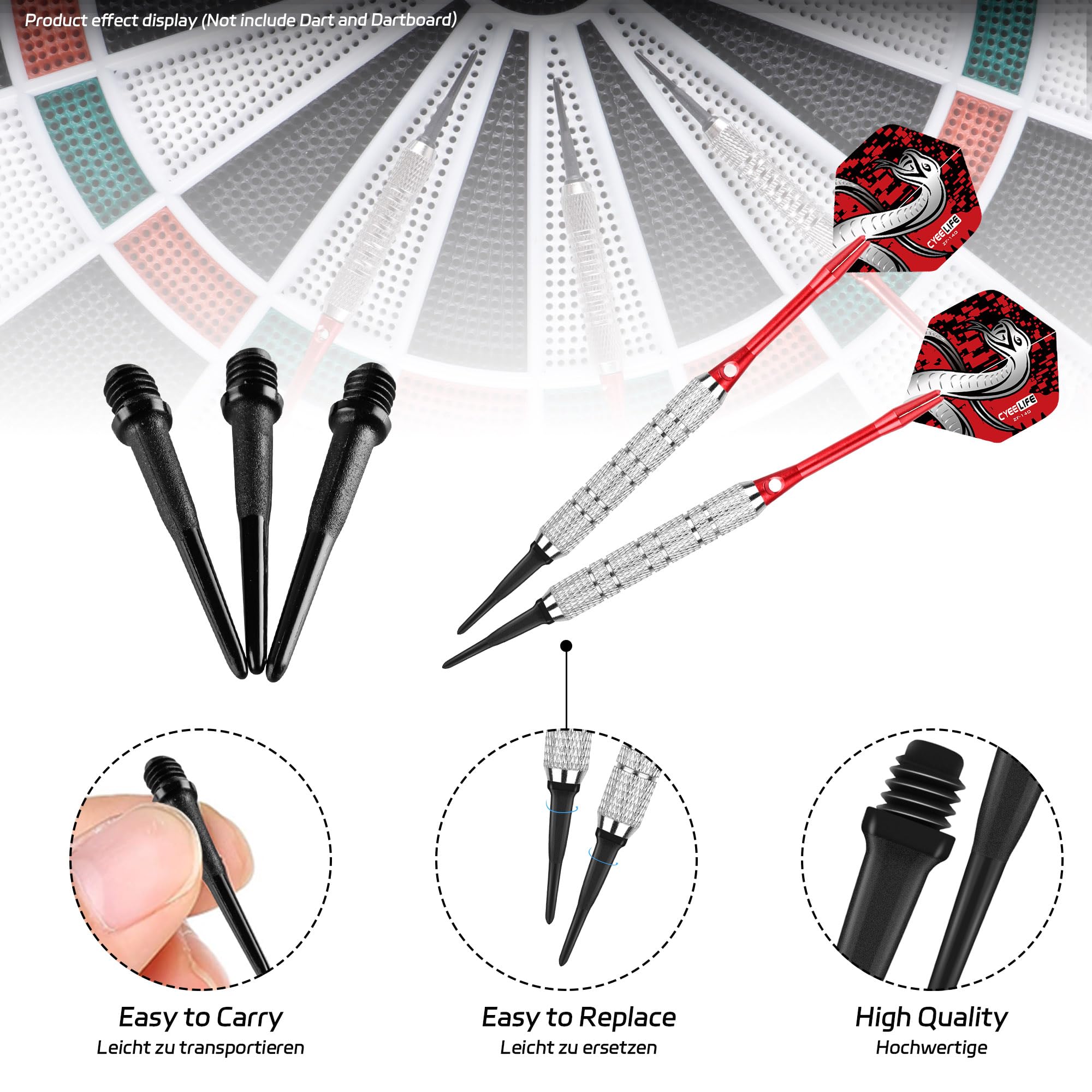 CyeeLife Puntas para dardos de plástico, 1000 unidades, punta de dardos blandos, rosca 2BA, puntas de dardos, puntas de repuesto, especialmente estables y duraderas, color negro