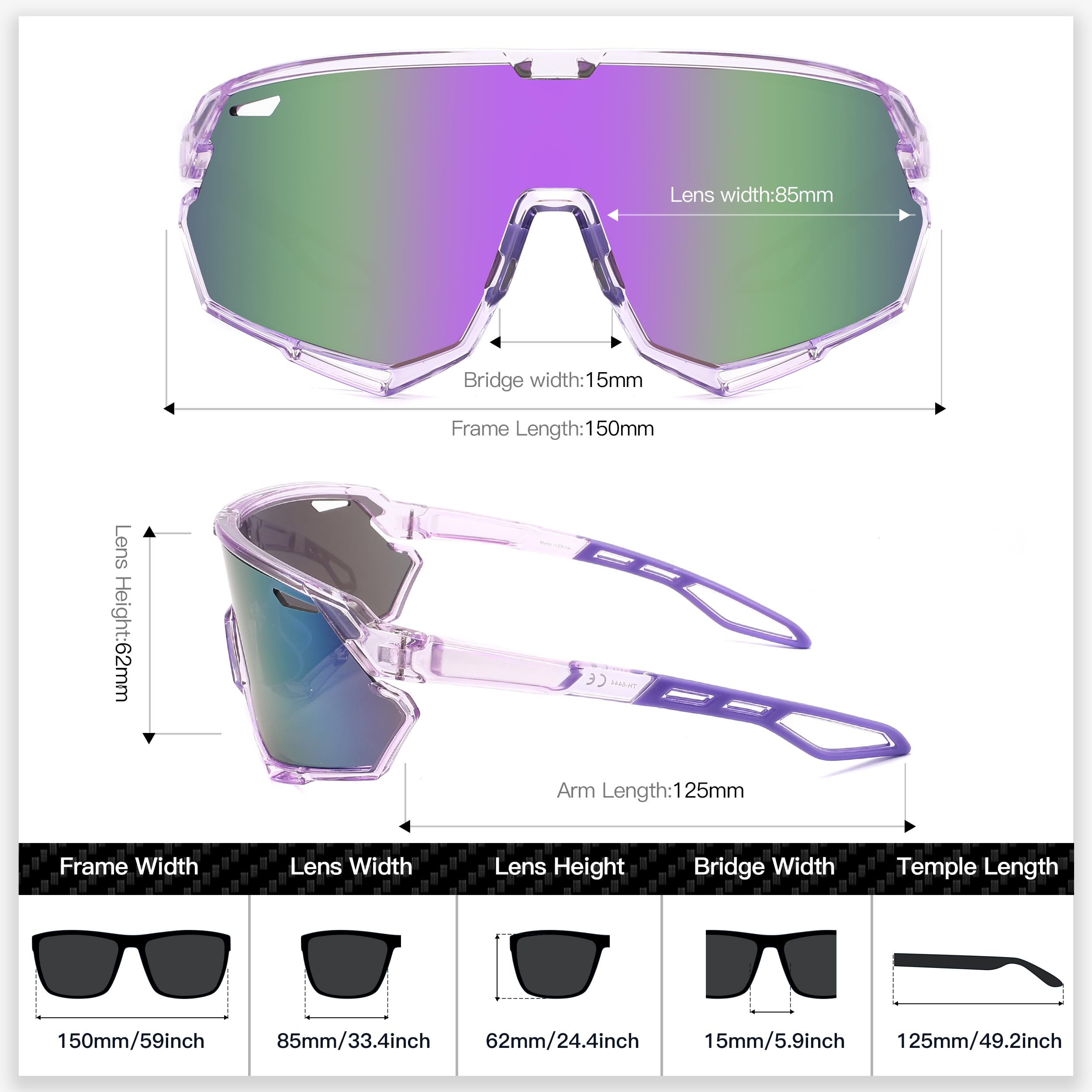 SINSPORT eyewear Occhiali da Ciclismo per Uomo Donna, Occhiali da Sole Sportivi Occhiali MTB per Bici Running Baseball Correre Anti-UV400