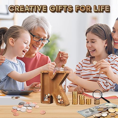 Miniatura 51 de Alcancía para niños y niñas, hucha grande de 26 letras del alfabeto inglés, madera personalizada, caja de ahorro de dinero con nombre personalizado