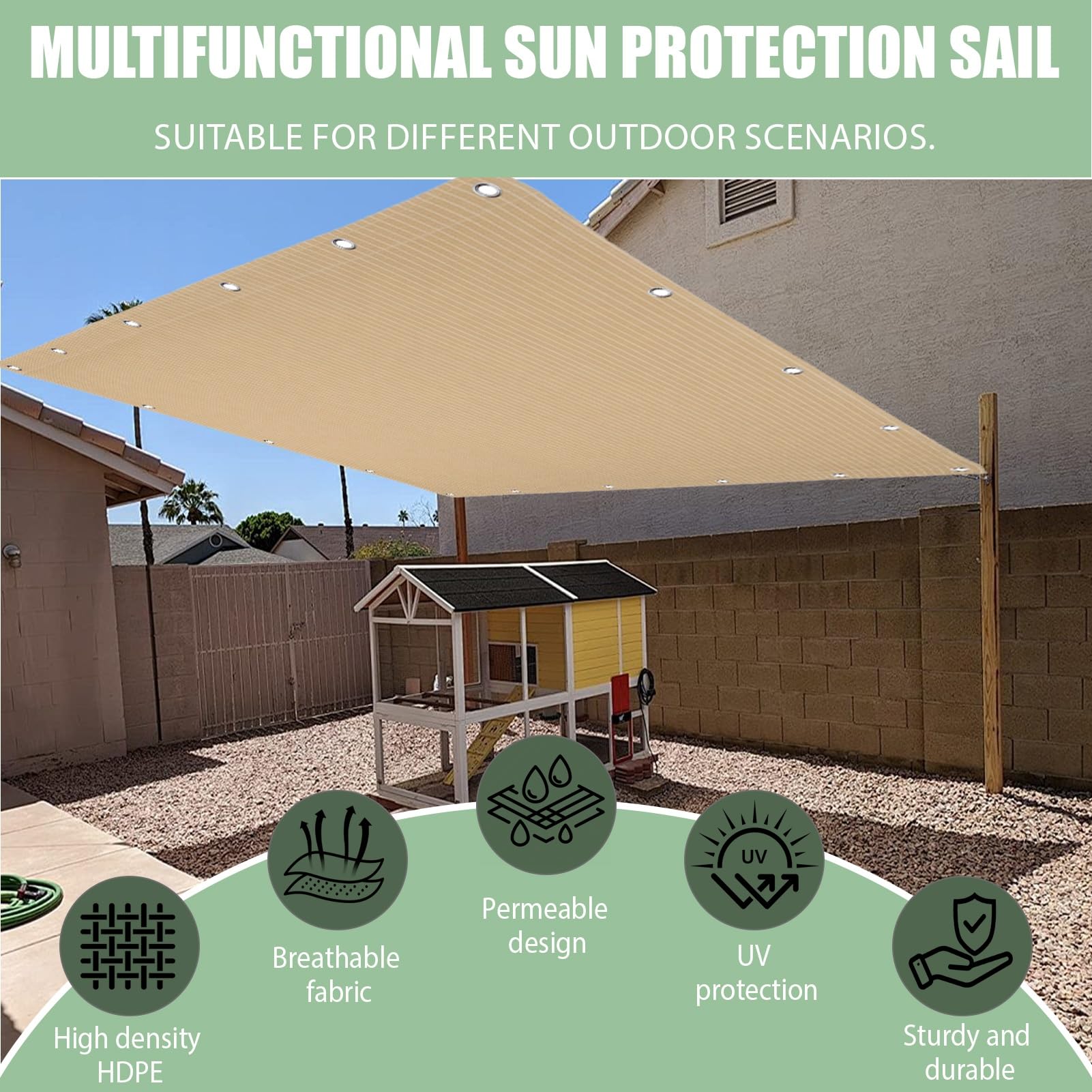 Vela Ombreggiante HDPE Rettangolare 255 x 430 cm 90% Protezione UV Rettangolare Traspirante Vela Ombreggiante Tela Leggera per Patio, Cortile e Piscina, Beige