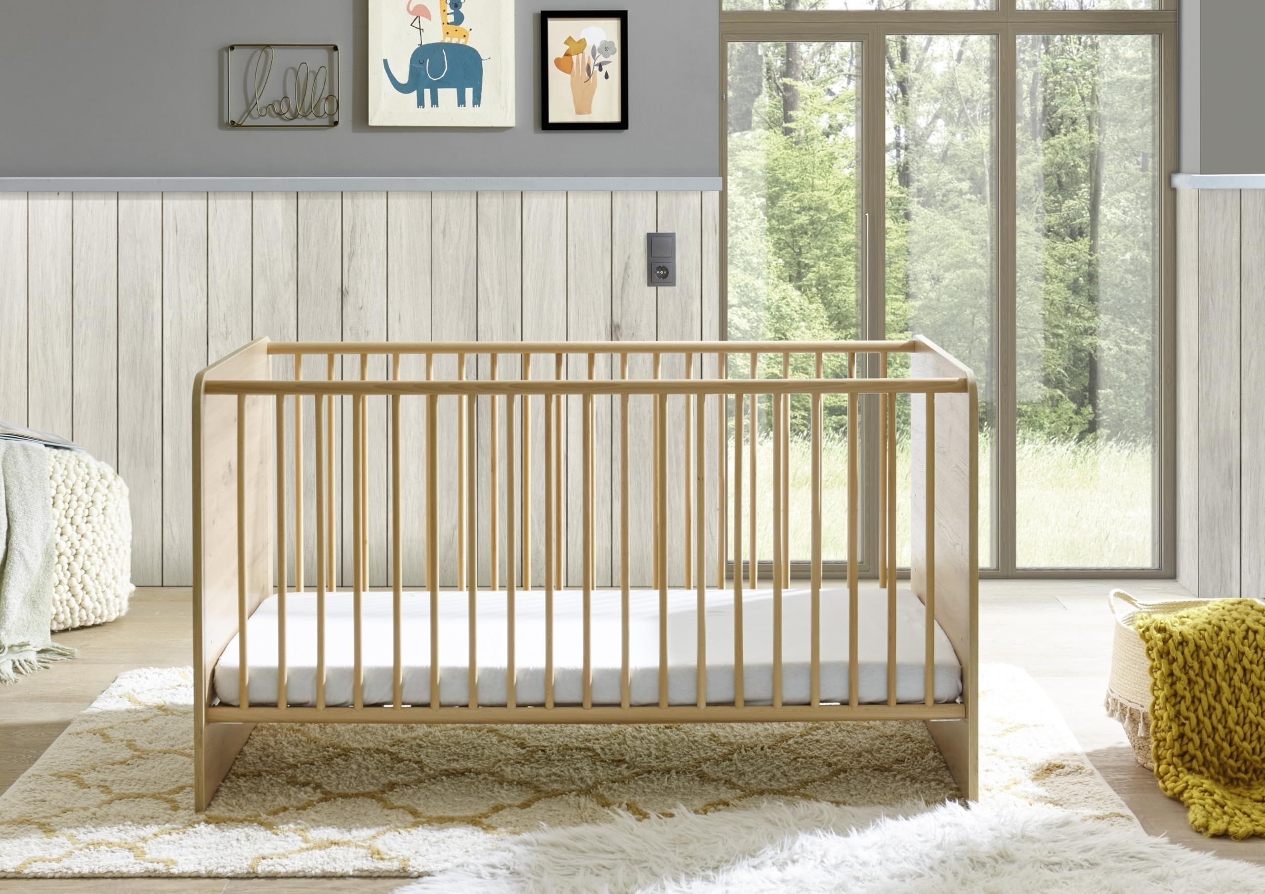 Babybett >Birta< Artisan Eiche Dekor / Salbei, Liegefläche 140x70 cm, 3 Schlupfsprossen, Liegehöhe verstellbar – 78x90x143 cm (B/H/T), robust & pflegeleicht, Dekorfolie, zerlegt, ohne Matratze