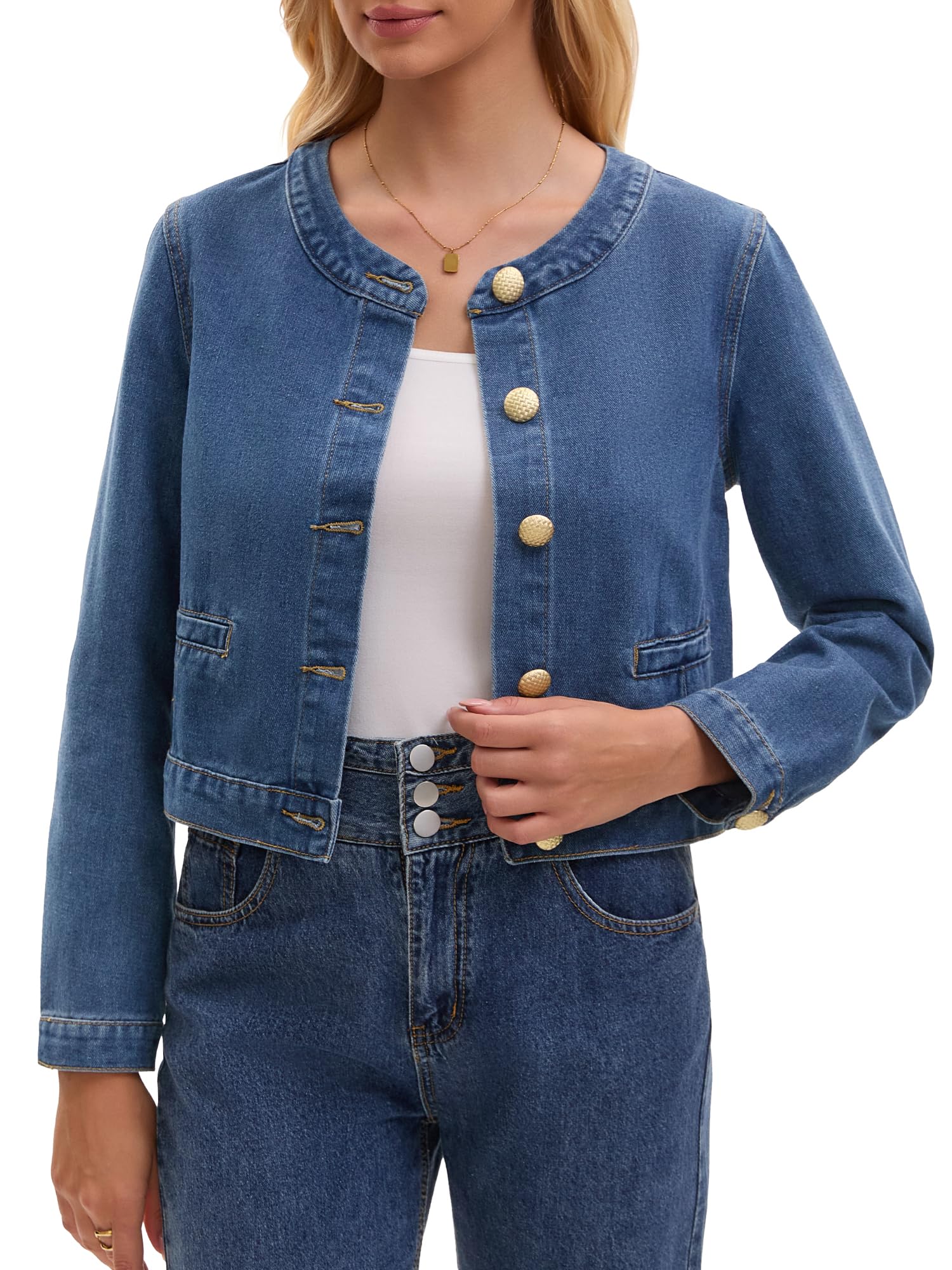 Veste en Jean Femme sans Col et Manches Longues Blouson en Denim à Fermeture Boutonnée Style Vintage