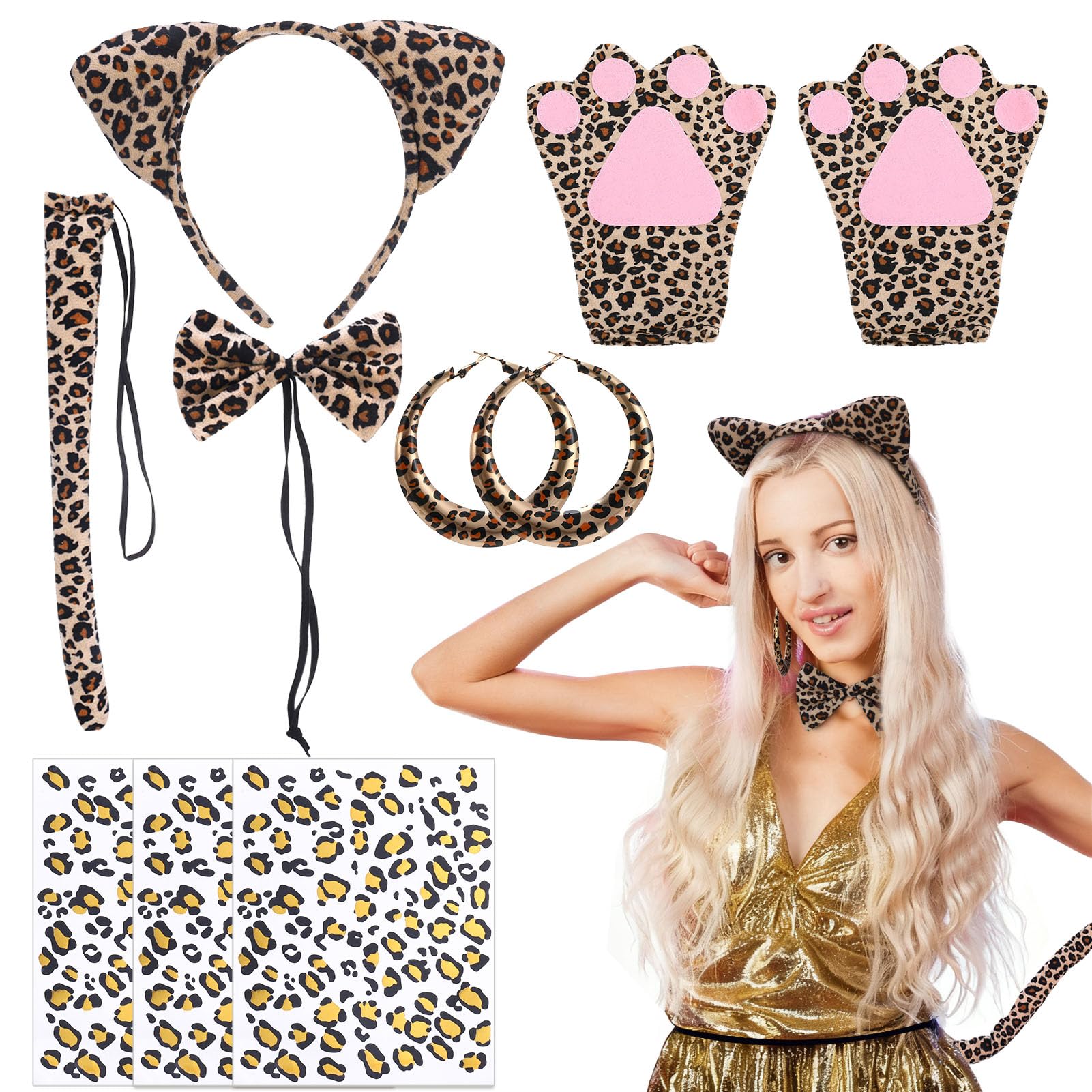Meng Jiaran 10 Pcs Leopard Print Costume Kit,Leopard Accessory Set Ears Headband Bow Tie Tail Gloves Face Sticker Earings,Animal Fancy Dress Set for Carnival Cosplay Party