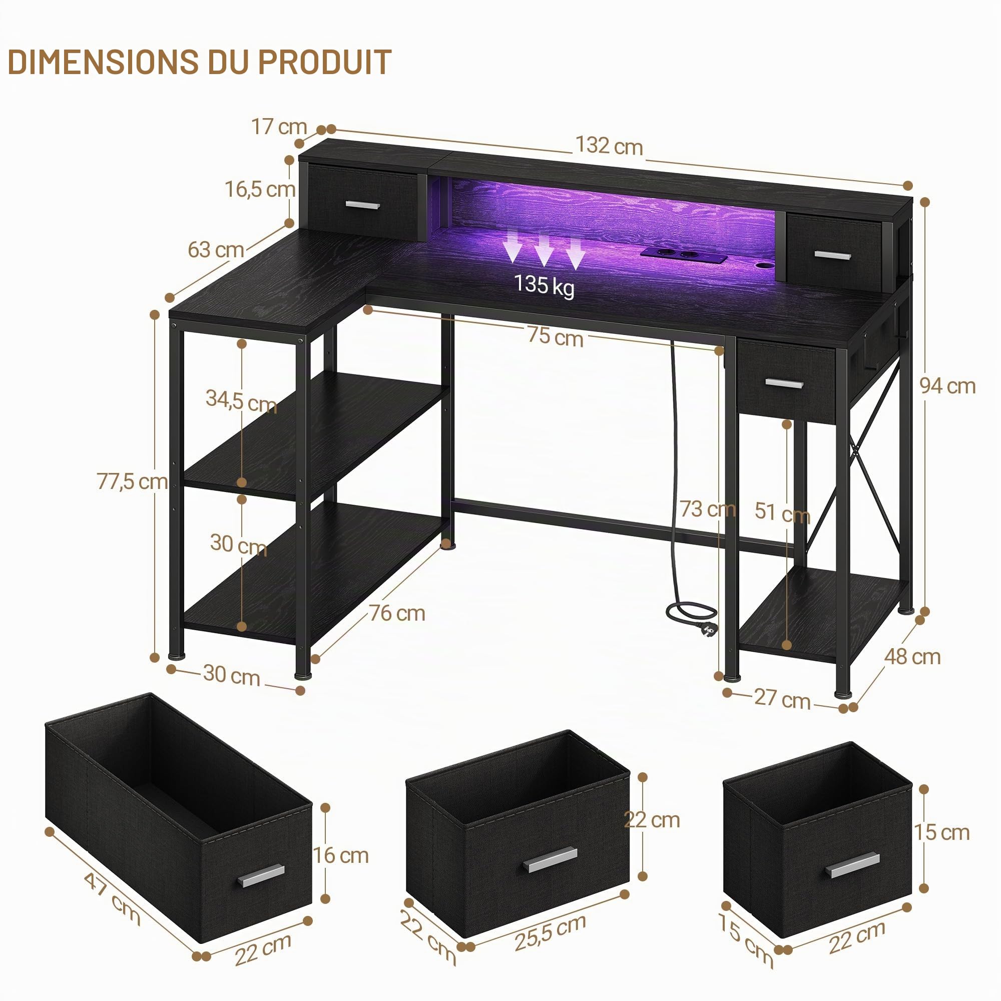 Hzuaneri Bureau Gaming L-LED 132x80cm Noir