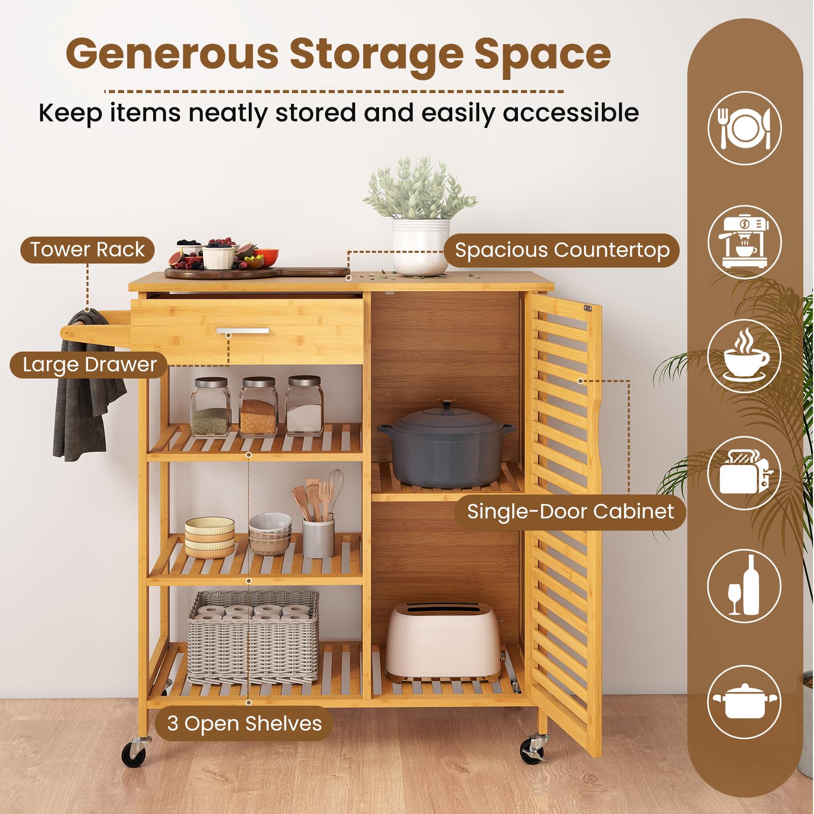 KOMFOTTEU Carrito de Cocina de Bambú, Carrito Auxiliar con Cajón, 3 Estantes Abiertos, Armario con Puerta, Toallero, Isla de Cocina con Ruedas Bloqueables, para Comedor, Bar, Natural | Isla de cocina natural con 3 estantes abiertos, armario de puerta y to
