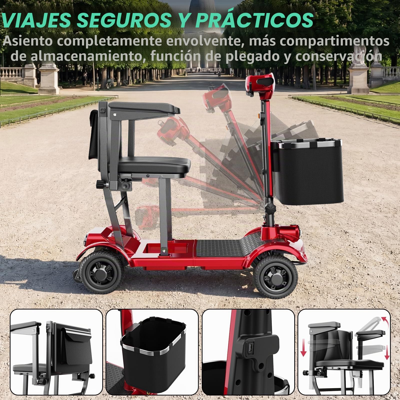 X-17 Plegable Mobility Scooter Discapacitados Personas mayores 4 Ruedas Bolsas Delanteras y Traseras, Autonomía 30km, Capacidad de Subir, Carga Máx 130kg,Asiento Ergonómico Cómodo