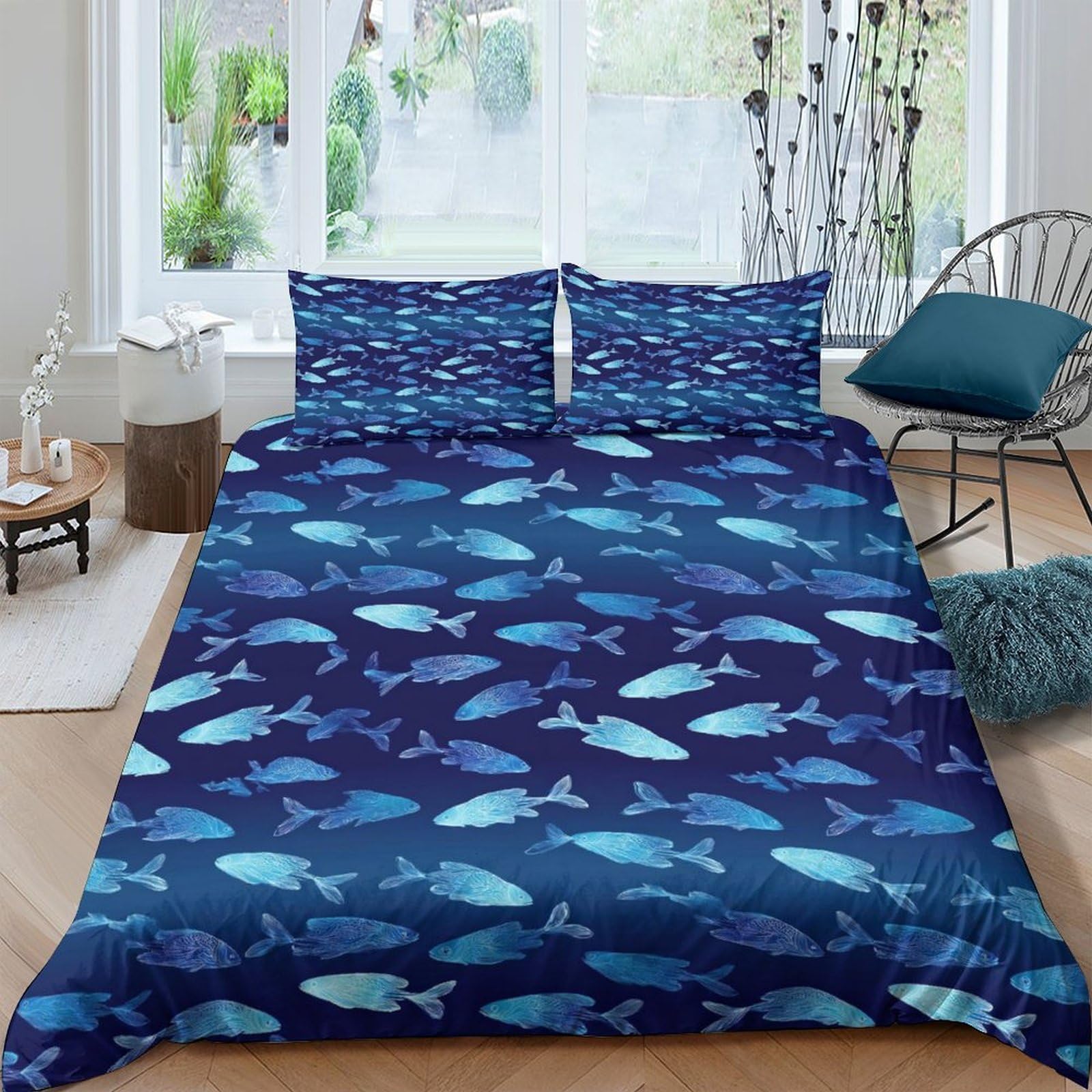 Ctjqhvkz Style-7 3D Printed Ocean Fish Fitted Sheet Microfiber Soft Blue Sea Life Shark Mattress Cover For Bedroom Guest Room Home Decor Single（135X200cm）