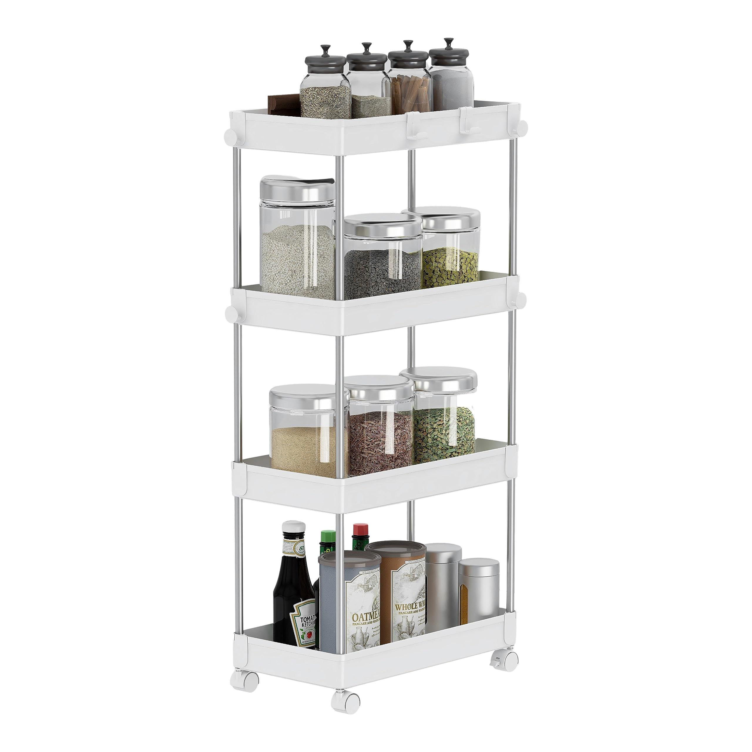 Smart Saver Stainless Steel Storage Multi Utility Trolley cart Caddy, 4-Tier Storage Rack with Wheels, Multifunctional Suitable for Office Kitchen Bathroom, W22 x D40 x H85cm, White