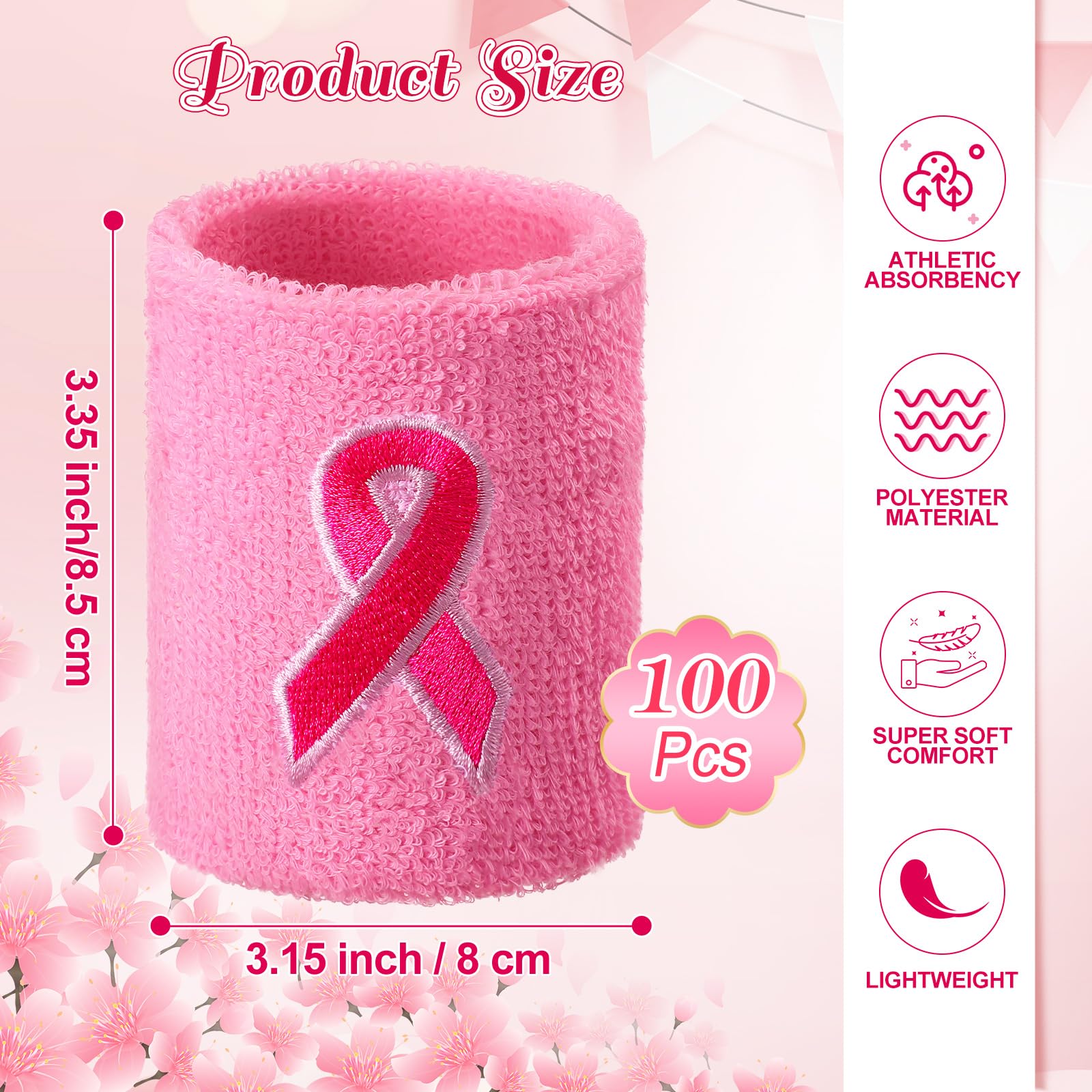 100 Stück rosa Bänder Armbänder Brustkrebs Bewusstsein Armbänder Schweißbänder Frottee Sport Armband Athletic Handgelenk Schweißbänder für Tennis Basketball Laufen Gym Training