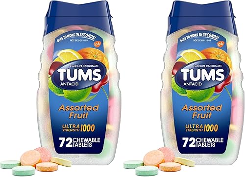 TUMS Antacid - Tabletas masticables para aliviar la acidez estomacal, ultra fuerte, frutas variadas, 72 tabletas (paquete de 2)