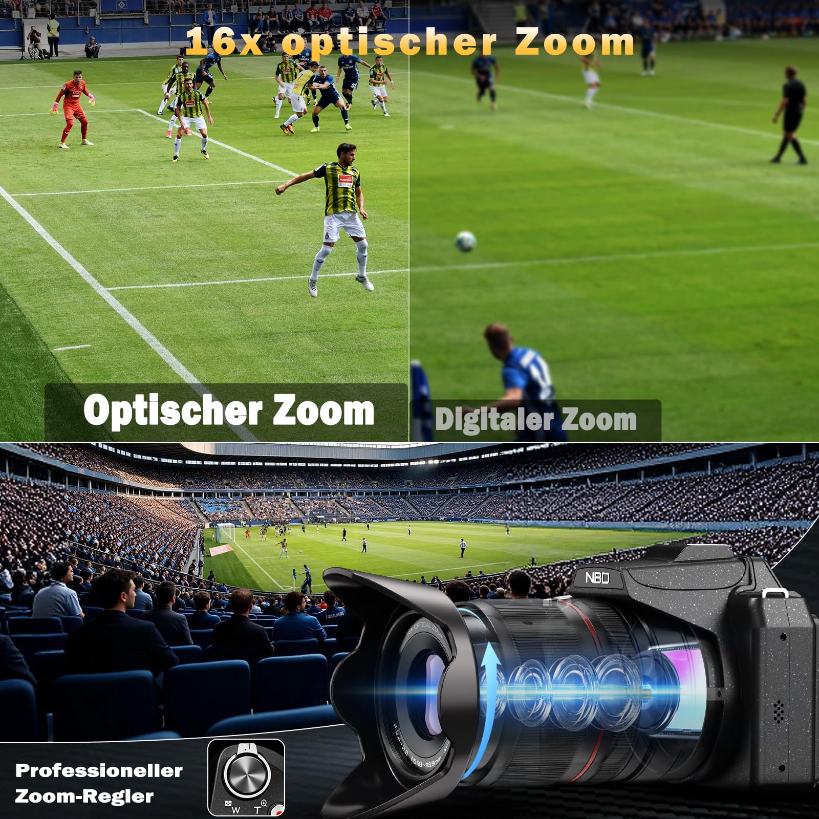 NBD 8K Digitalkamera 64MP mit 16X Optischem Zoom & Hot Shoe, 3" 180° Drehdisplay, Wi-Fi, v. 64GB TF-Karte + Wartungskit (Schwarz)
