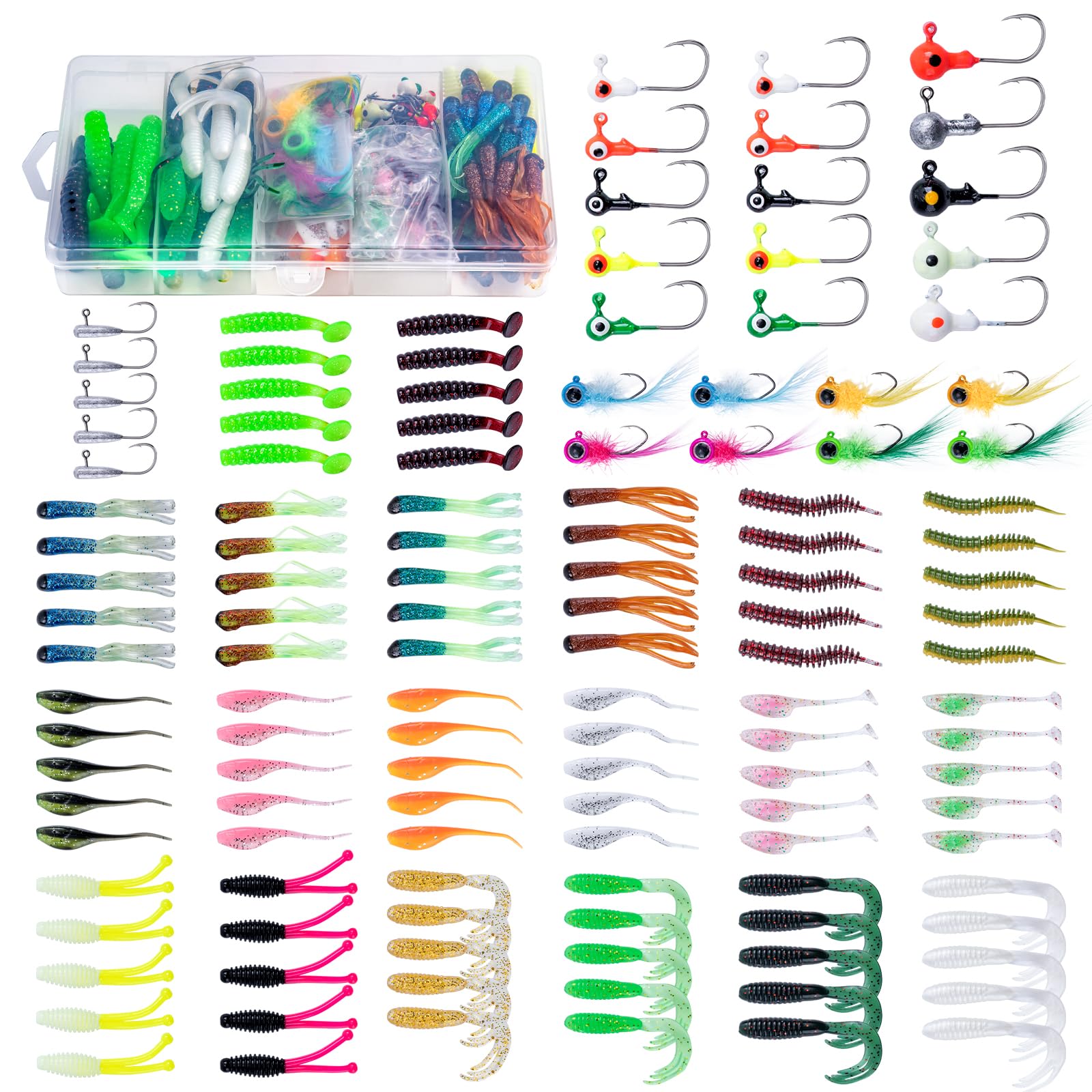 Goture 126/128/132Pcs Fishing Crappie Lures Jig Heads Kit, Pre-Rigged Tube Baits, Soft Plastic Fishing Lure for Crappie, Panfish, Shad, Freshwater, Saltwater