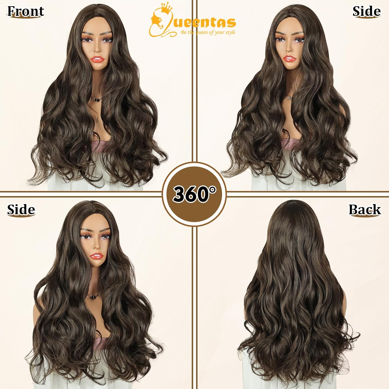 QUEENTAS 26 Inch Long Wavy Brown Wigs for Women Middle Part Wavy Curly Wig Glueless Natural Looking Synthetic Brown Hair Wigs for Daily Party Use