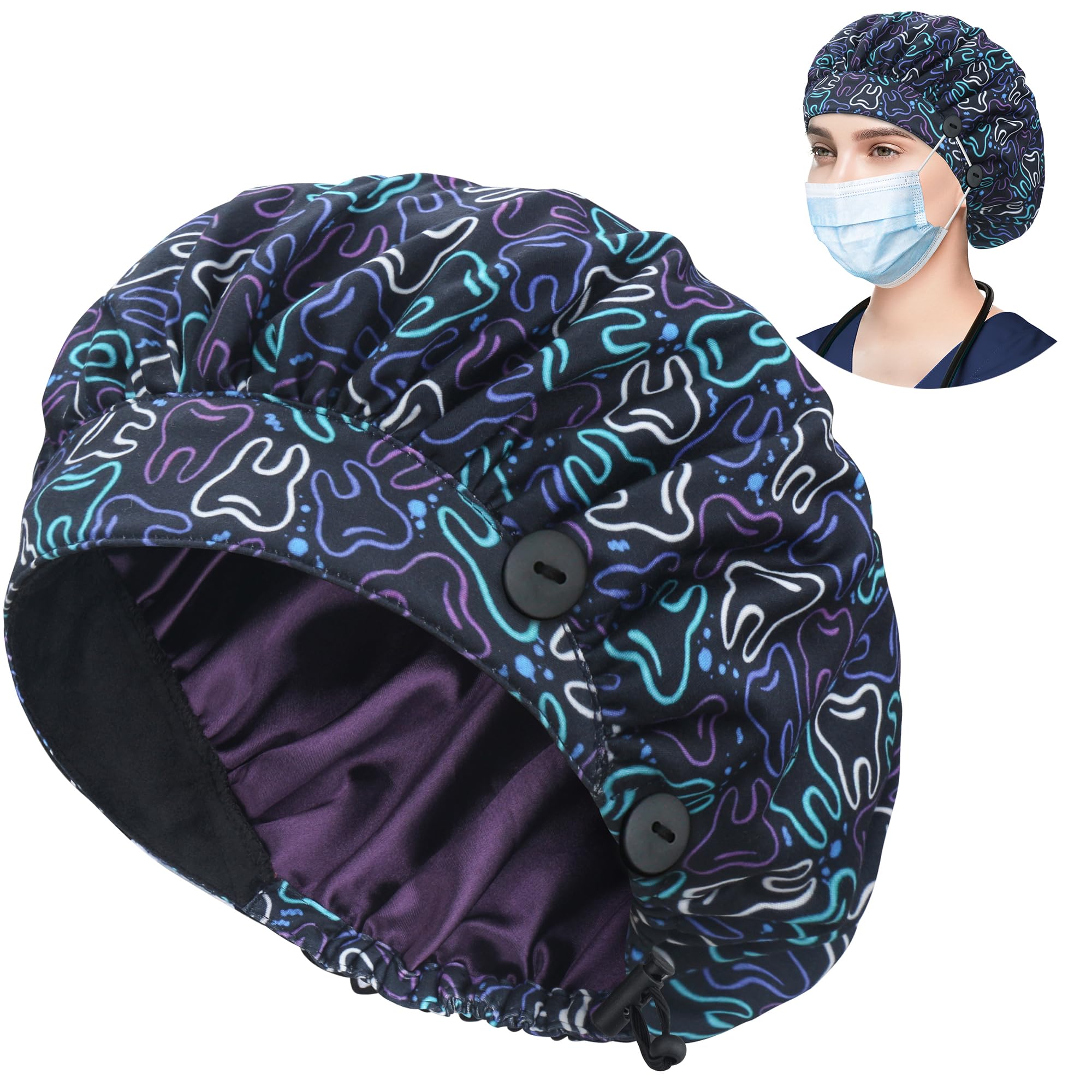 ABAMERICA Bouffant Caps with Button and Sweatband, Adjustable Scrub Caps for Women Men, One Size Multi Color