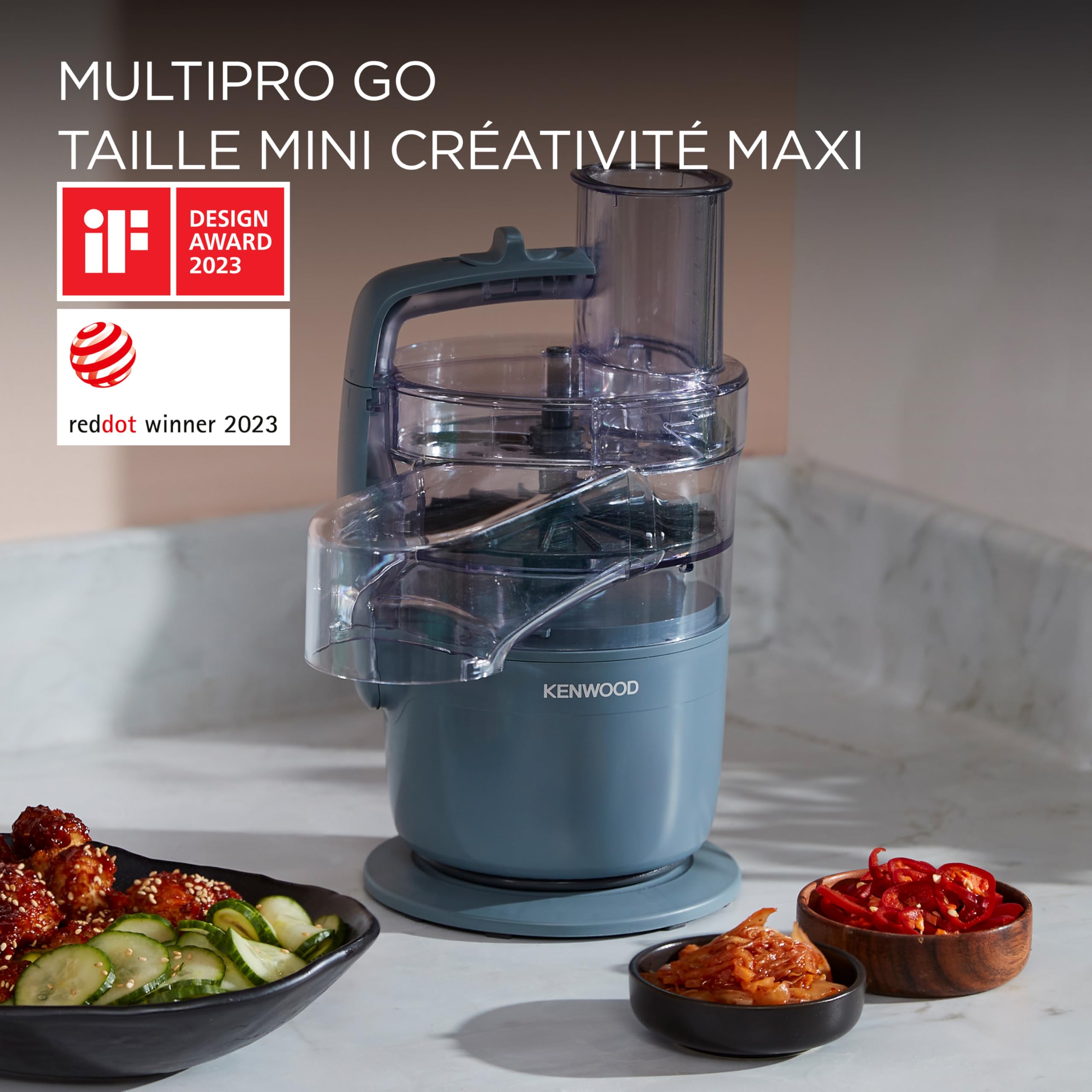 Kenwood MultiPro Compact Robot Multifonction avec Express Serve, Lame en Acier Inoxydable, Disques à Trancher et Râper, Fonction Pulse, Bleu Tempête (FDP23.130GY)