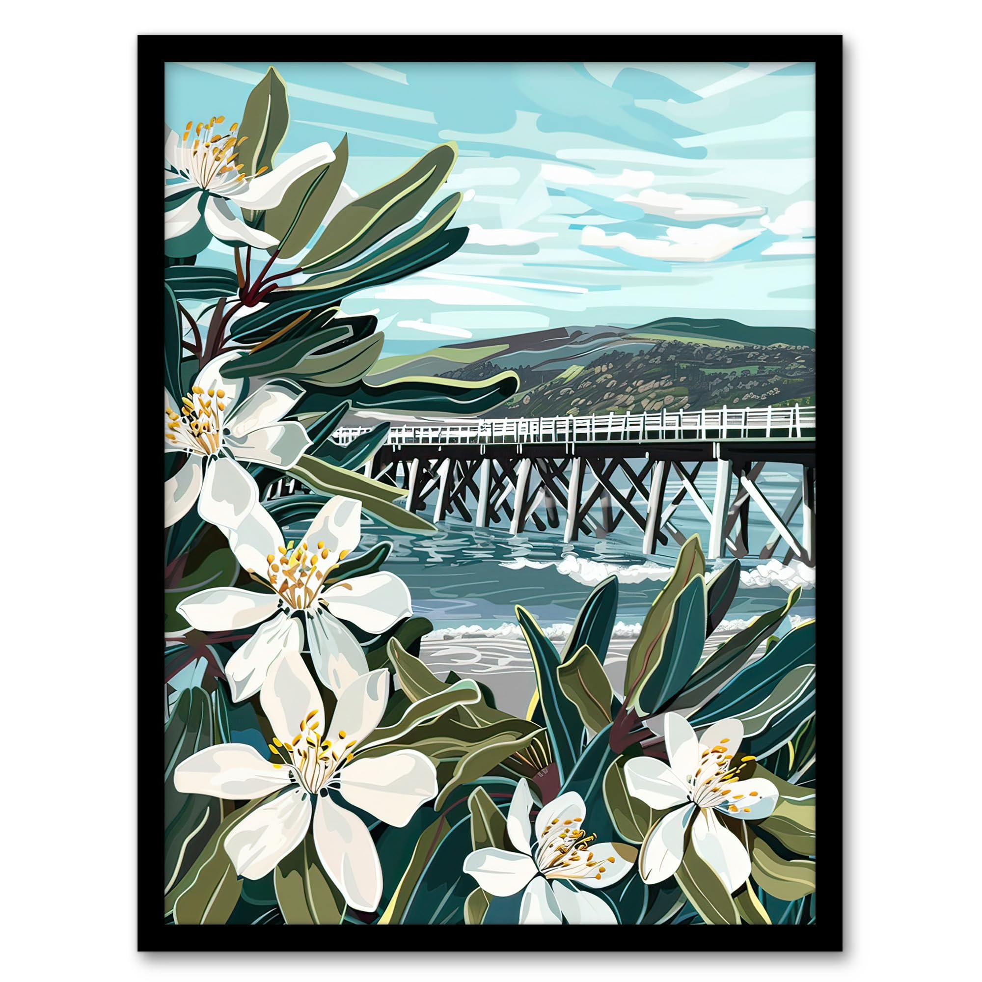 Artery8 Dunoon Pier Scotland Painting Lily Wildflowers Living Room Artwork Framed Wall Art Print 18X24 Inch