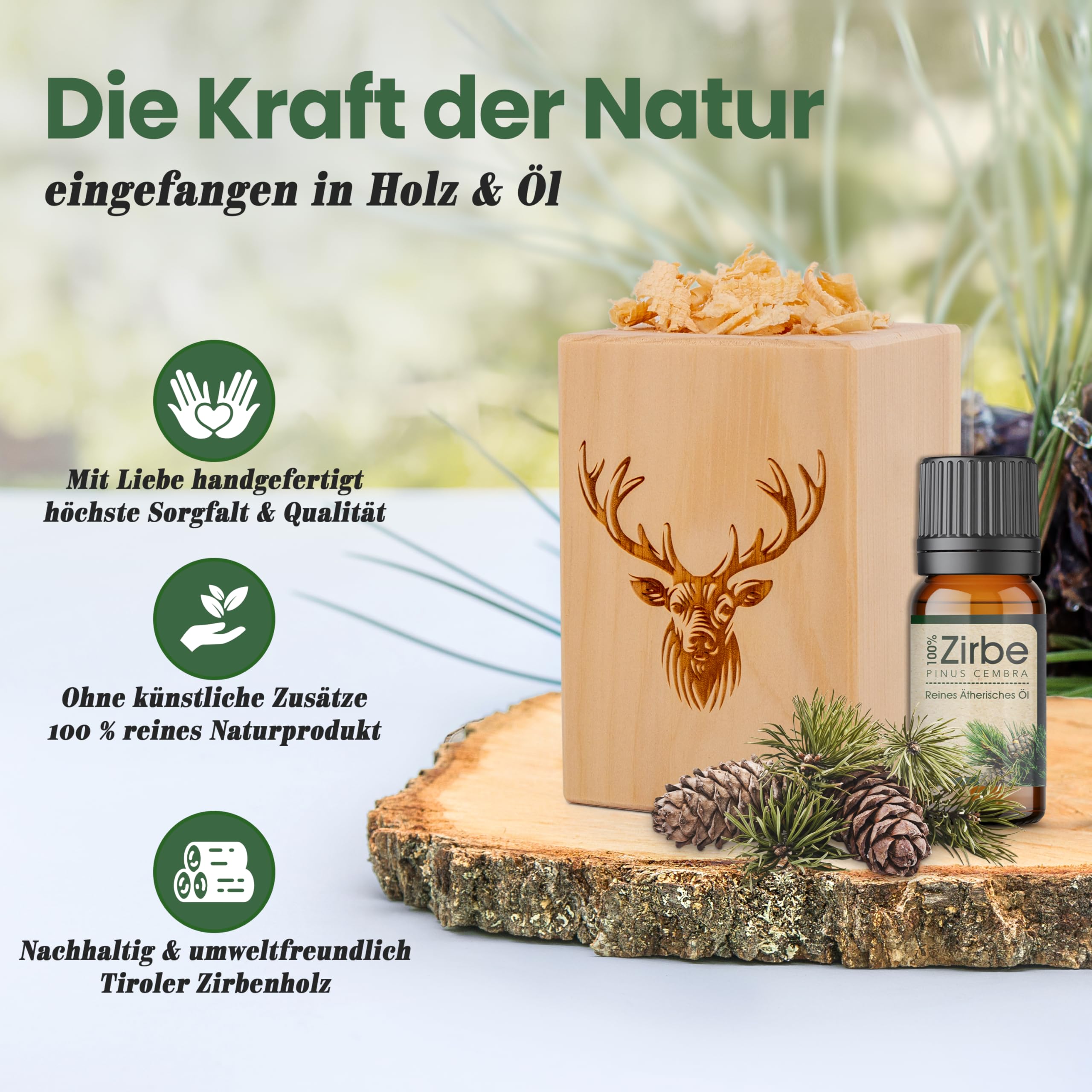 sagl.tirol® Zirbenholz Set mit Zirbenspäne und 10 ml Zirbenöl - Zirbelkiefer Öl – Zirbenduft und Deko aus Zirbelkiefer – Nachhaltige Zirbenholz Produkte, Zirbenwürfel, Raumduft Zirbe - Hirsch