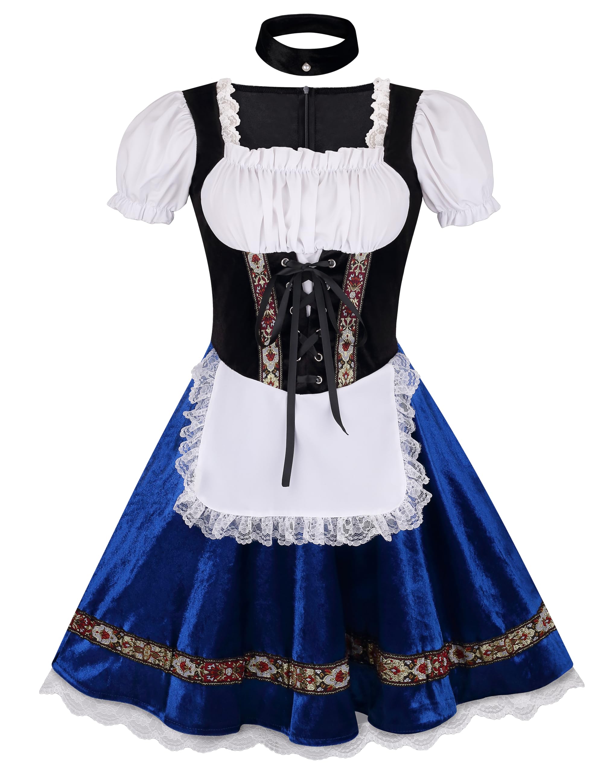 DELIVESS Women's Oktoberfest Costume, Velvet Dirndl Dress Adult German Bavarian Outfit for Halloween Carnival(Blue,XL)