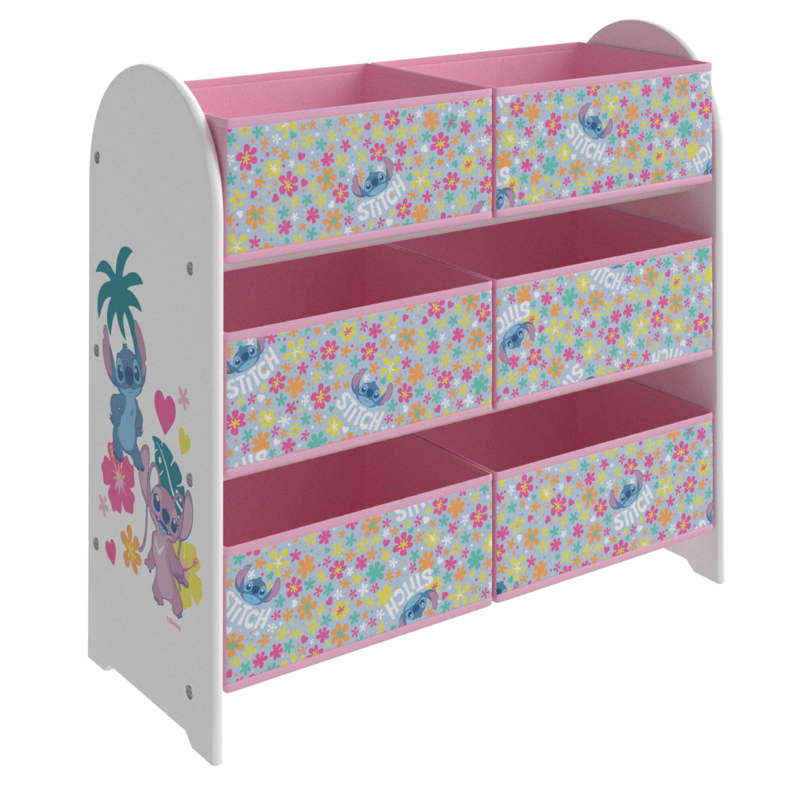 Disney Stitch Kids Toy Storage Unit with 6 Fabric Cube Boxes – 3 Tier Lilo and Stitch Bedroom Organiser for Children, Officially Licensed Pink Floral Nursery Playroom Shelf for Toys, Books, Clothes