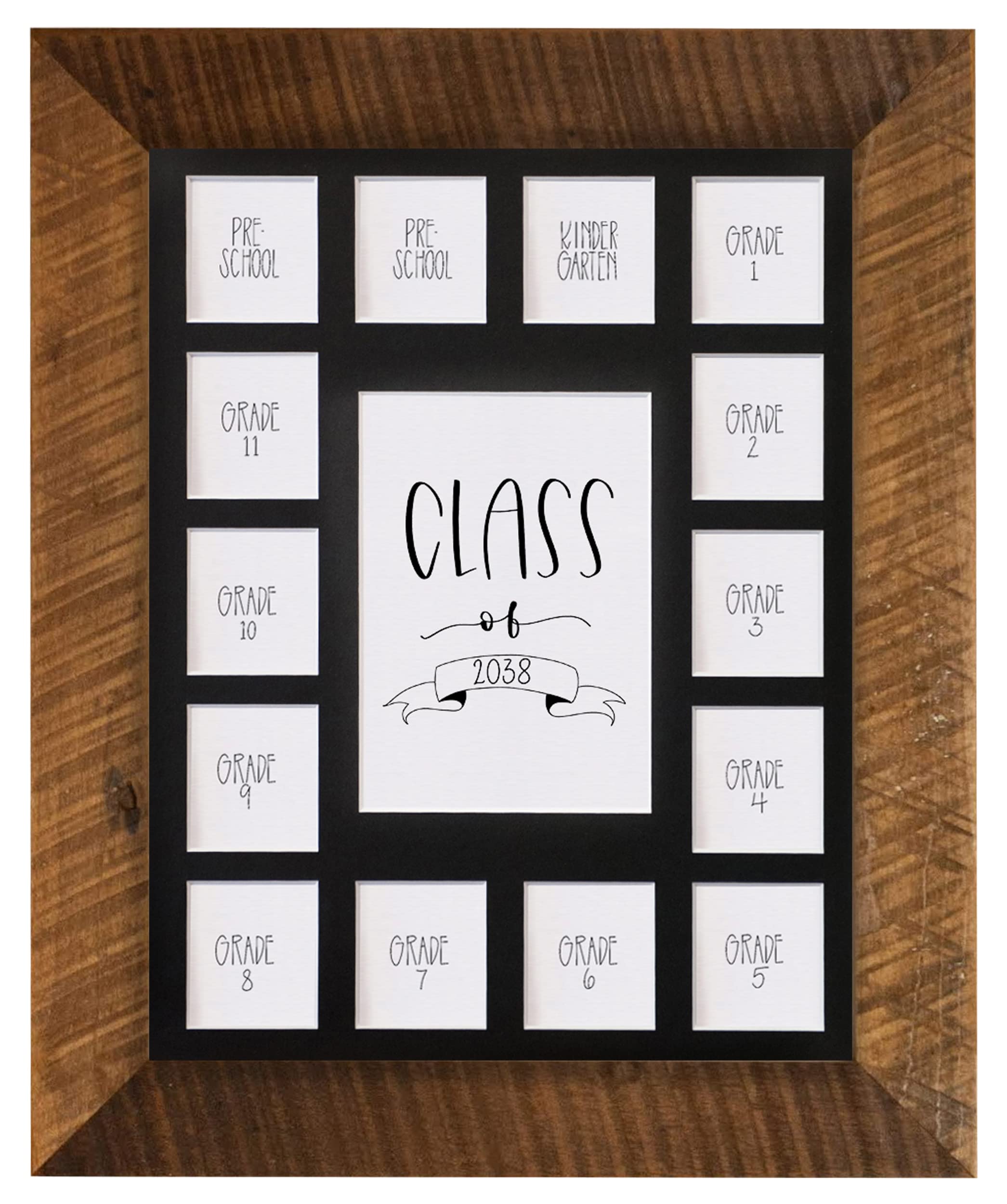 Rustic Red Door Co. School Years Reclaimed Wood Picture Frame with Mat - 11x14 Wooden Framed 15 Photo Collage Mat Pre-School &amp; Kindergarten to 12th Grade (Class of 2038, Black)