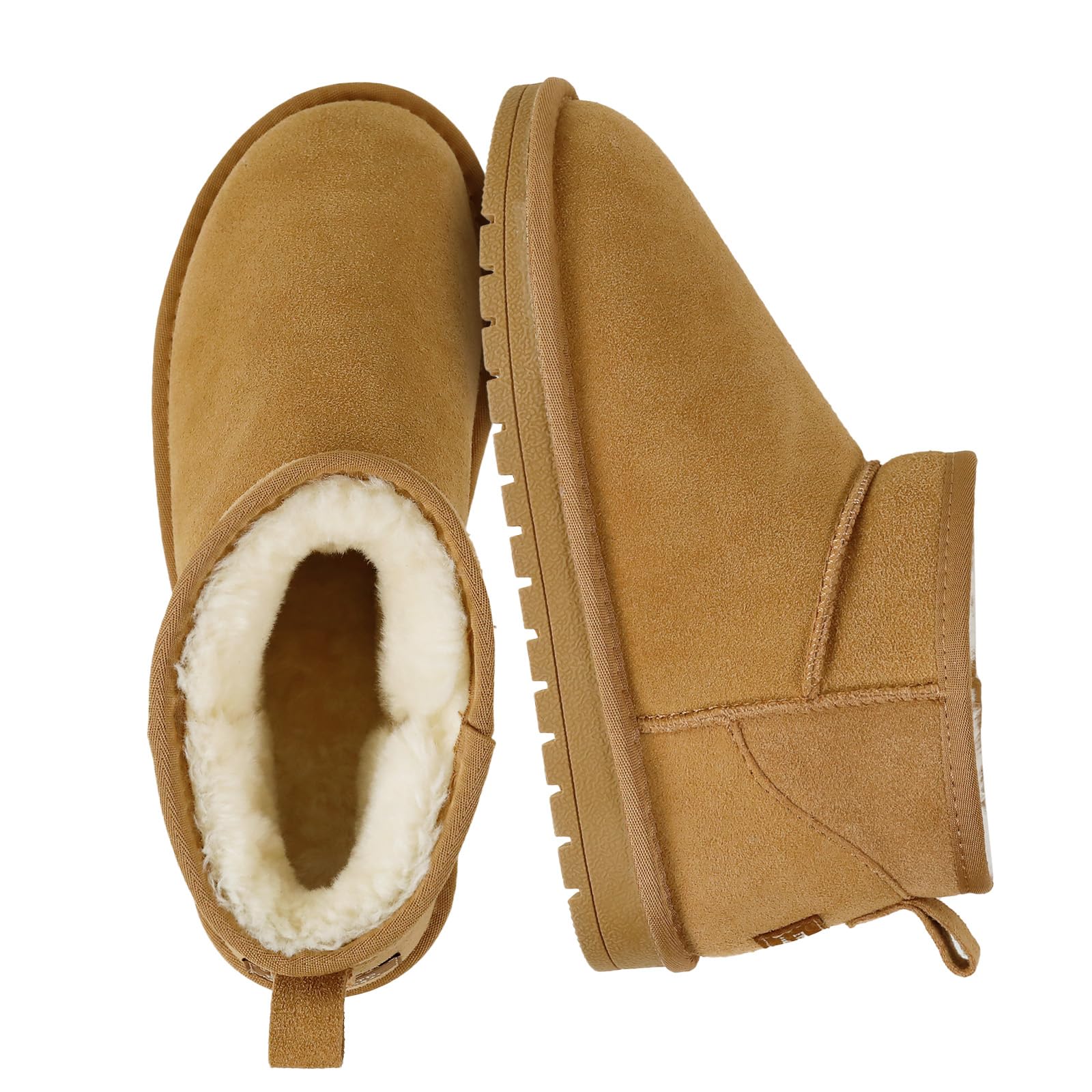 Genuine Suede Ankle Snow Boots for Women Men-Water Resistant Warm Flat Padded Winter Fuzzy Mini Boots with Cozy