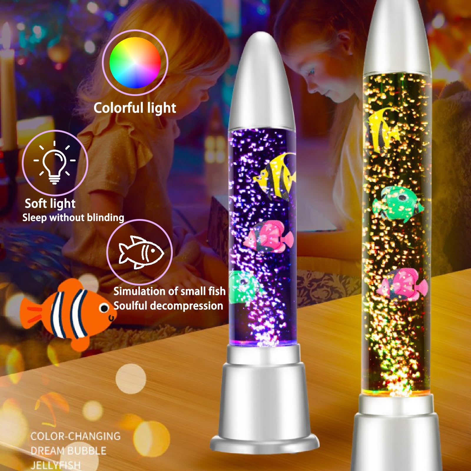 Quallen-Lavalampe mit realistischen, beweglichen Blasen und 3D-Fischen, Stimmungslicht for Stressabbau, Einschlafhilfe for Kinder, ASMR-Raumdekor-Geschenke