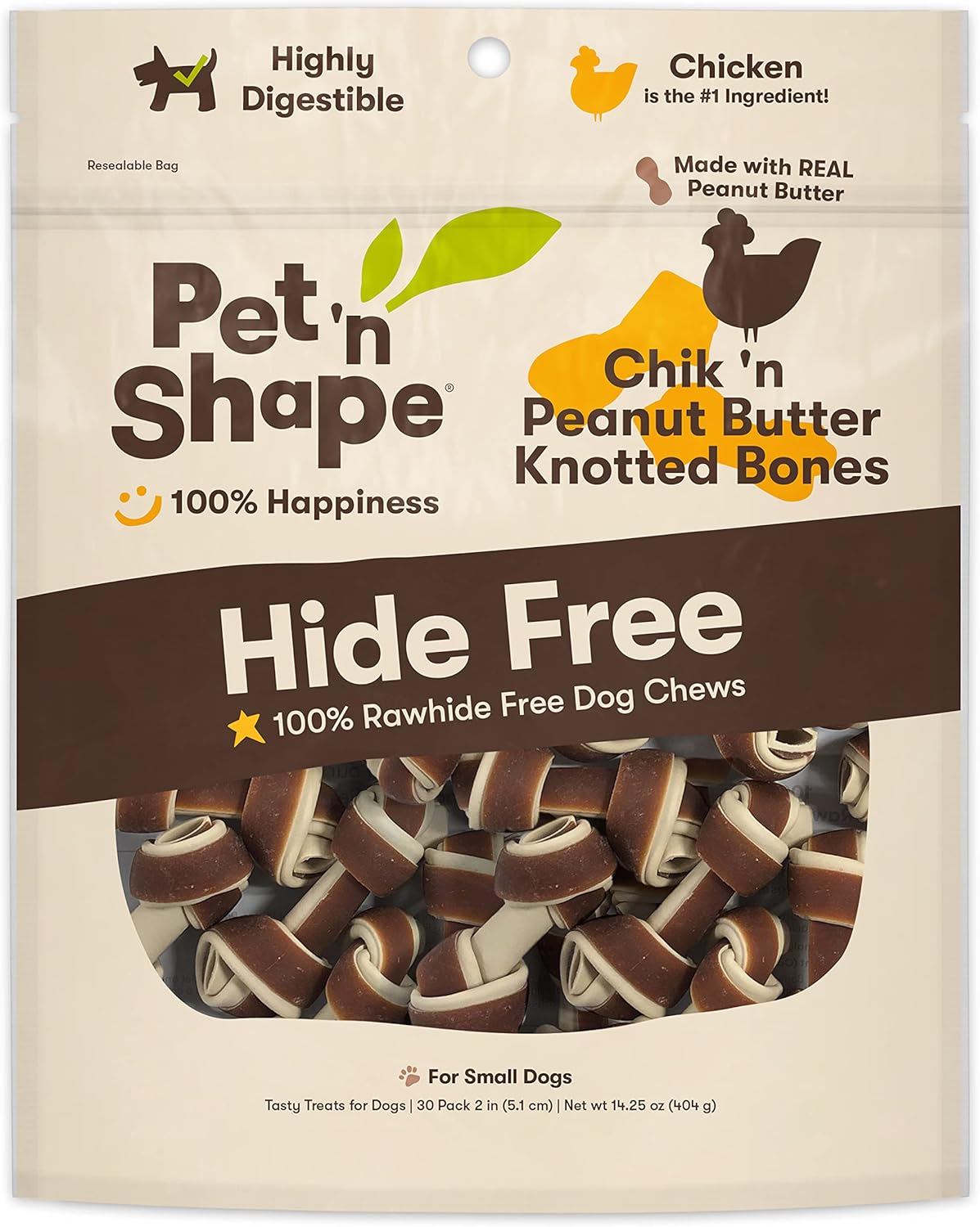 Pet 'n Shape Hide Free Knot Bones with Peanut Butter, 30 Count 14.25 oz - Rawhide Free Dog Treats - No Hide Alternative Chew Treat for All Life Stages