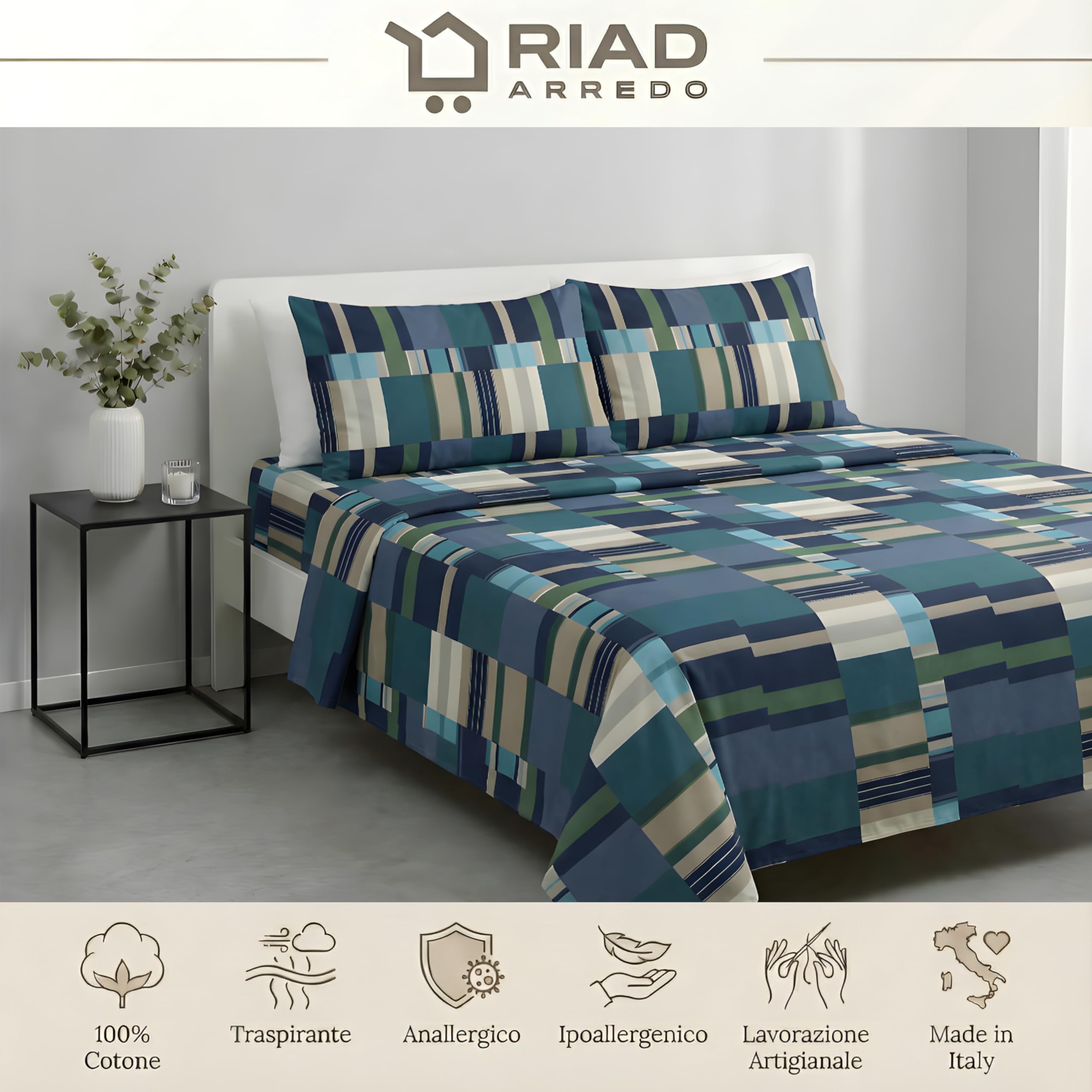 Riad Arredo Set Lenzuola Matrimoniale Puro 100% Cotone Italiano Morbido - Completo Letto Lenzuolo Sotto con Angoli, Lenzuolo Sopra, 2 Federe 52x82 - Made in Italy (Boston Jeans, Matrimoniale)