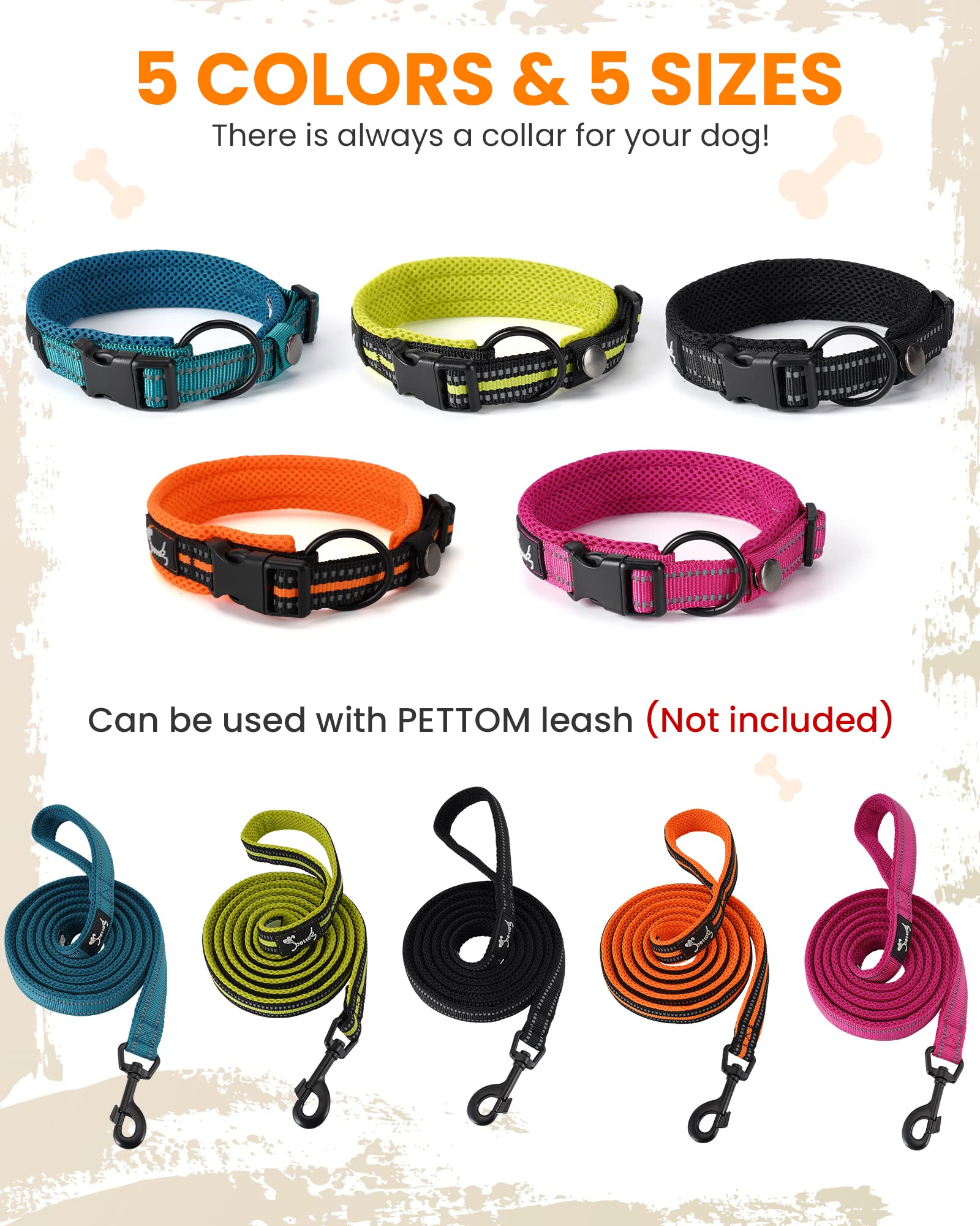 Kaka Mall- Collare per cane, classico, imbottito, regolabile, riflettente con anello in lega per cane di piccola/media/grande taglia