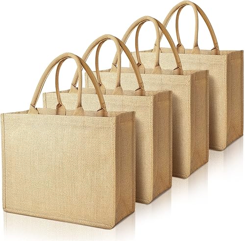 Miniatura 1 de Paquete de 4 bolsas de arpillera, bolsas de yute con interior laminado, asas suaves, reutilizables, bolsas de compras de comestibles, bolsas de
