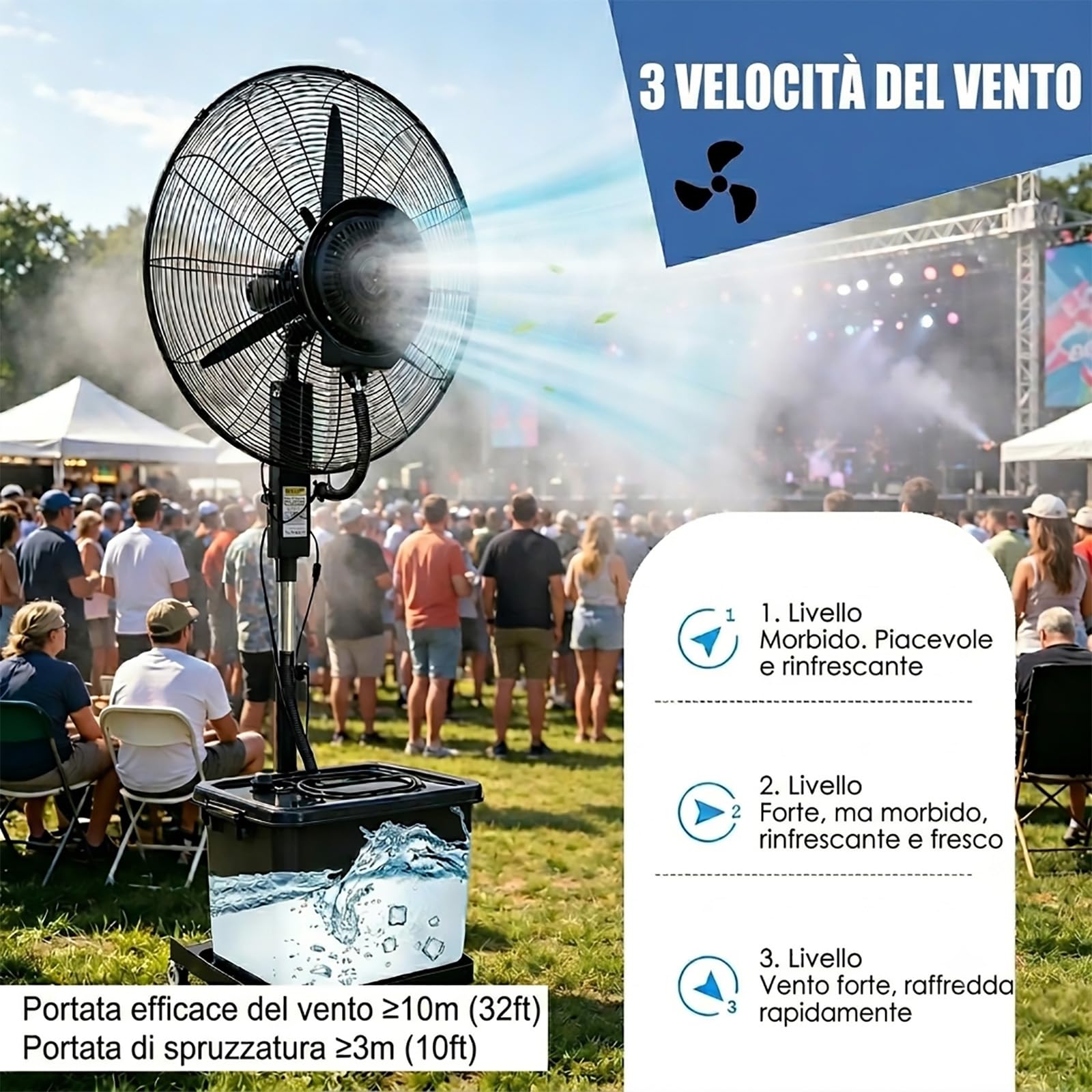Ventilatore ad Acqua con Nebulizzatore 42L, Ventilatore Industriale da Esterno con Ruote, Altezza 160-205cm, Oscillazione 90° per Grandi Ambienti, Officina, Casa e Terrazza