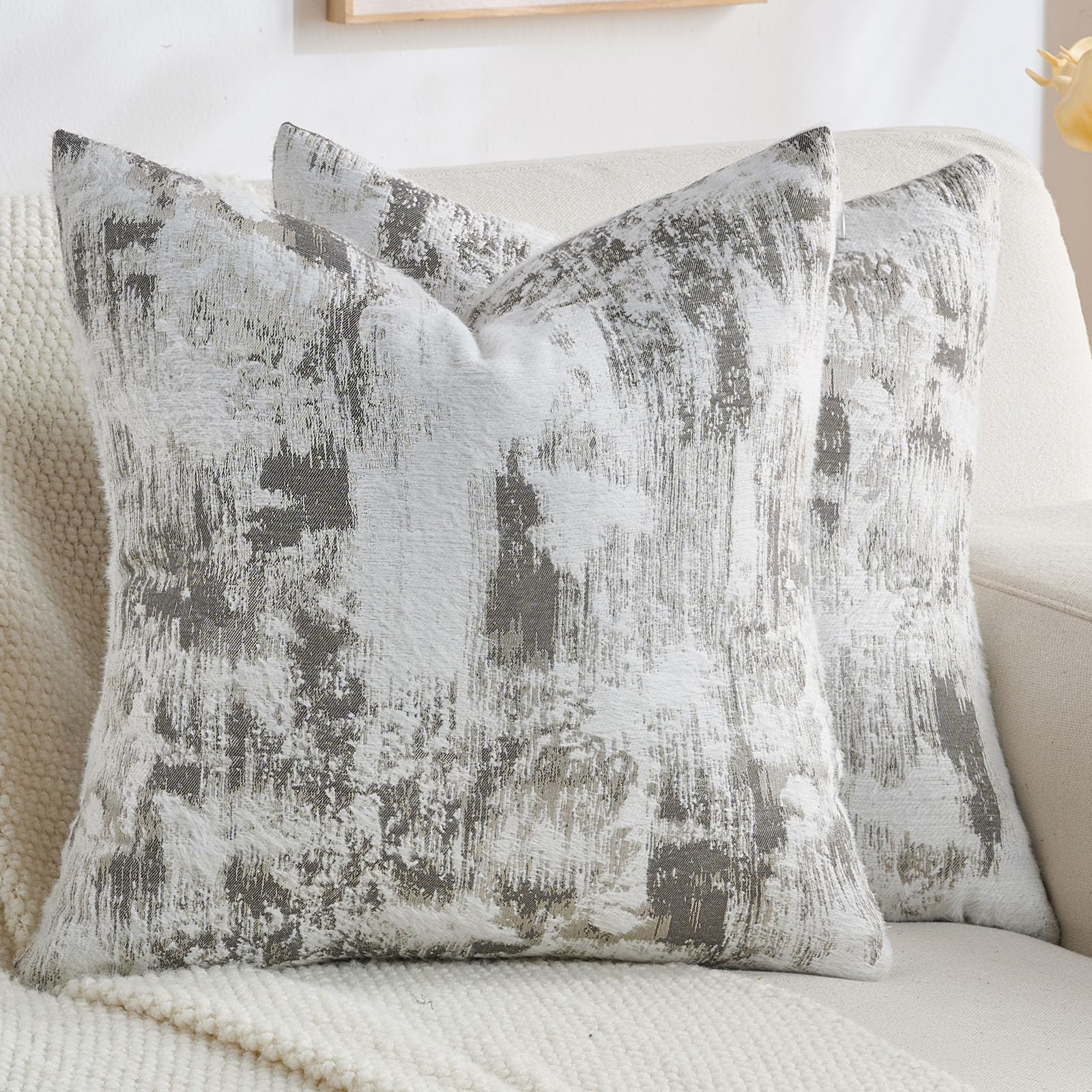 FUTEI Set of 2 Faux Cashmere Jacquard 55x55 cm Cushion Covers Soft Marble Pattern Scatter Pillow Covers 55 x 55 cm Farmhouse Accent for Sofa Bedroom Living Room, Black White — image 1