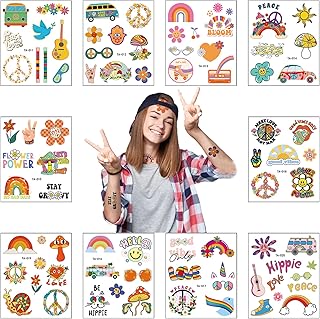 10PCS Hippie Temporary Tattoo Trendy Hippie Flower Tattoo Sticker Face Tattoos，Waterproof Fake Tattoo Stickers for Adults and Kids Love and Peace Sign Temporary Tattoo Party Favor Hippie Accessories